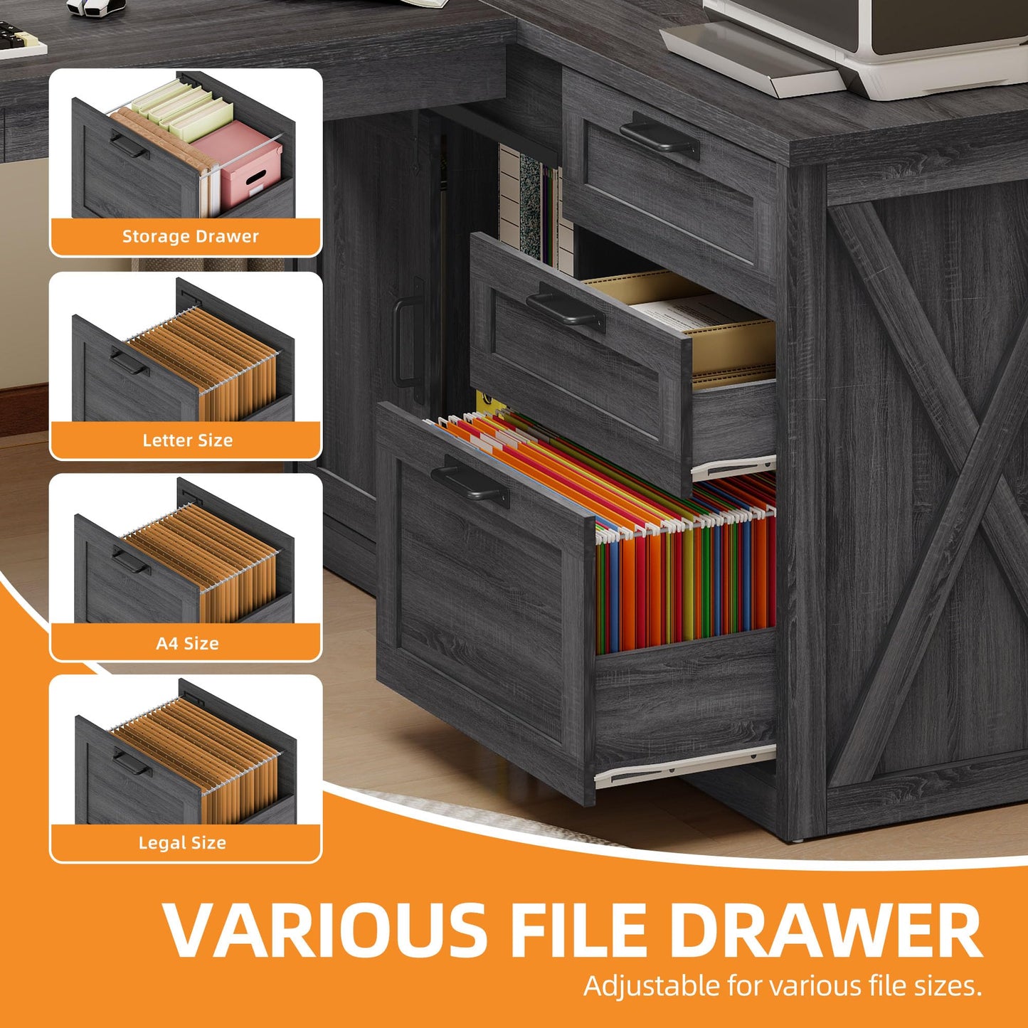 Meowloday 78'' Farmhouse L Shaped Desk, Large Home Office Desk with File Drawer and Charging Station, Computer Corner Desks with Sliding Barn Door & Storage Cabinet for Office Home, Bedroom, Grey