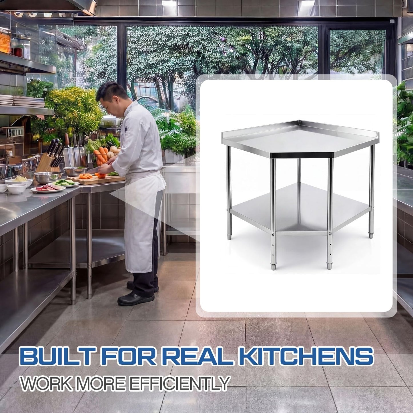 BreezeHug 36" x 36" Stainless Steel Corner Work Table Food Prep Tables for Commercial Kitchen Metal Heavy Duty Cooking Chef Workbench with Backsplash and Adjustable Shelf for Restaurant or Home