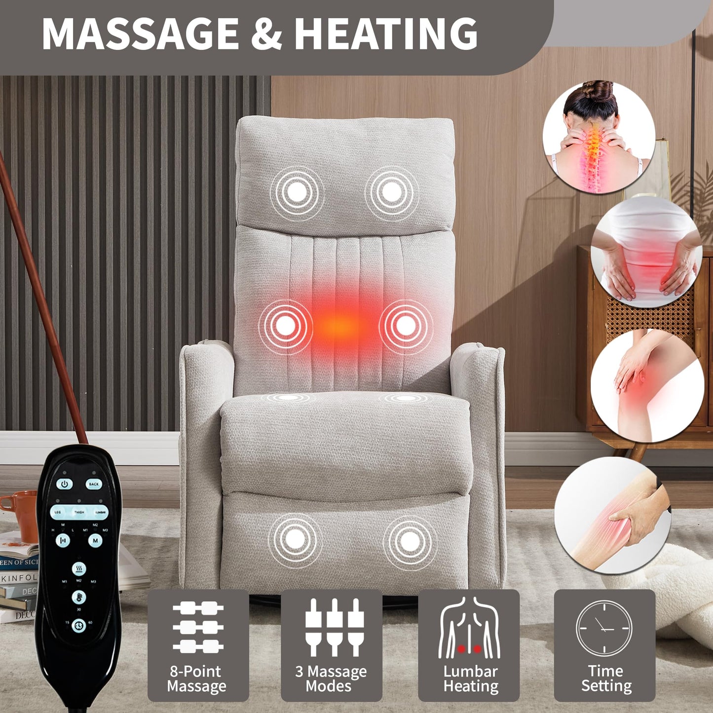 KEIKI 4-in-1 Manual Swivel Rocker Recliner Chair for Living Room, Chenille Nursery Glider Rocking Chairs with Back Massager & Heat, Comfortable Reading Chair Modern Bedroom Furniture, Light Grey