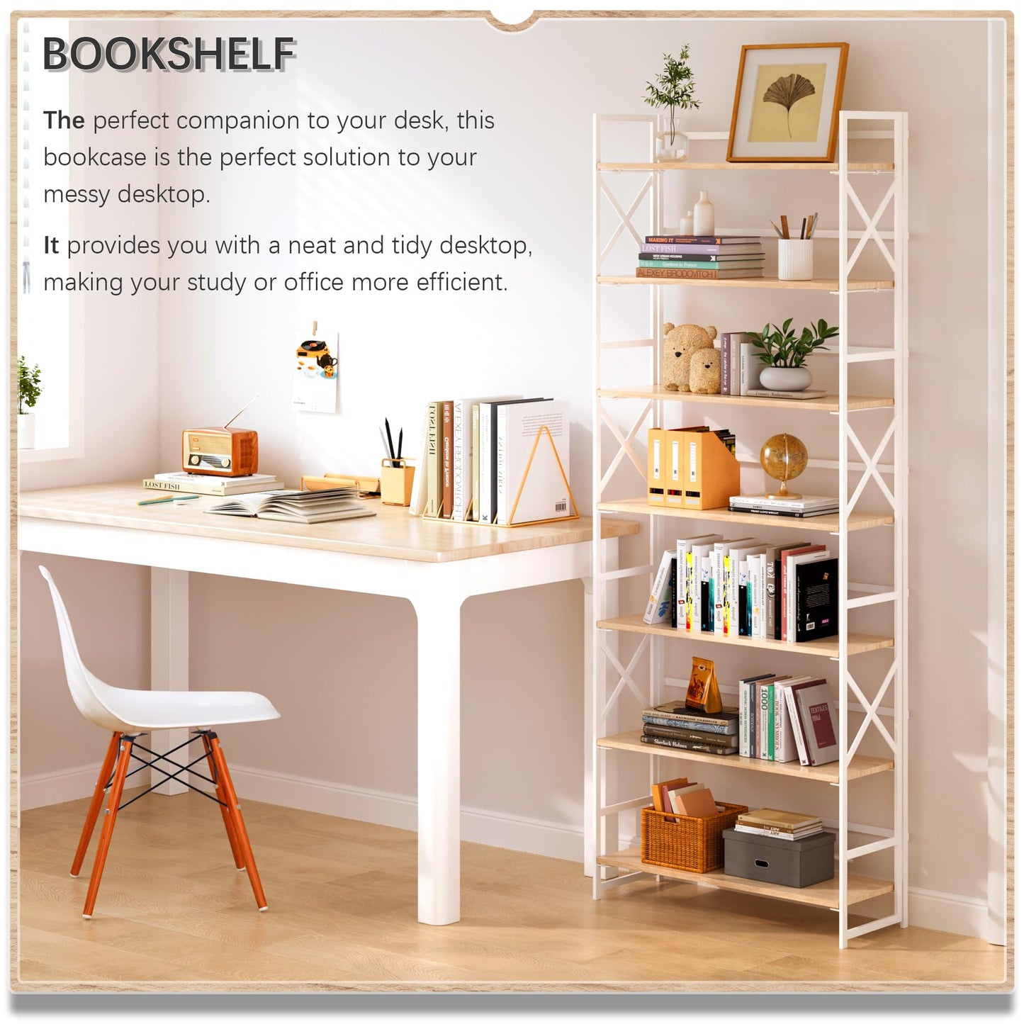 4NM 7 Tiers No Assembly Book Shelves, 72.4" H Folding Bookshelf Bookcase Open Industrial Foldable Shelves for Bedroom, Living Room, Home Office - Natural White