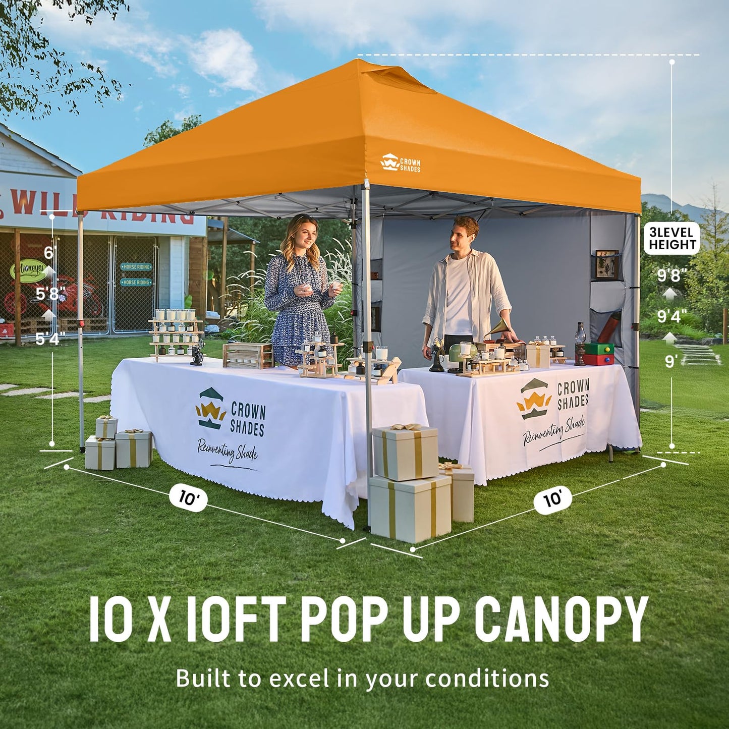 CROWN SHADES Canopy Tent, 10 x 10 Foot Portable Pop Up Outdoor Shelter with Pocket Sidewall, Push Center Lock, UV Protection, and Carry Bag, Orange