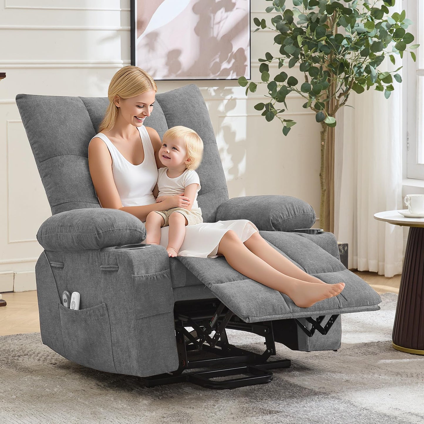 GarveeHome Power Lift Recliner Chair for Elderly with Massage and Heat, Oversized Electric Massage & Heat Recliner with Soft Padded Upholstery, Side Pocket & Cup Holders for Living Room, Gray