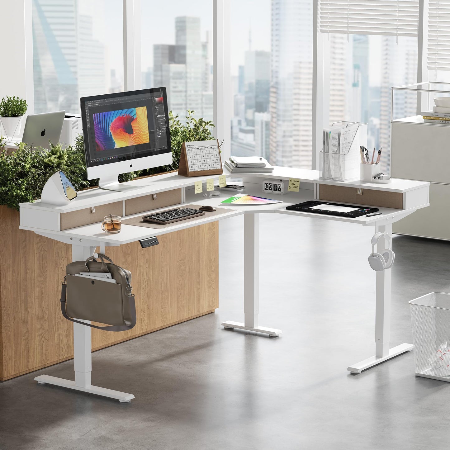 CubiCubi L Shaped Standing Desk with Drawers 63 x 48 Inch Adjustable Height, Electric Corner Desk with Storage, Sit Stand Home Office Desk with Splice Board, White
