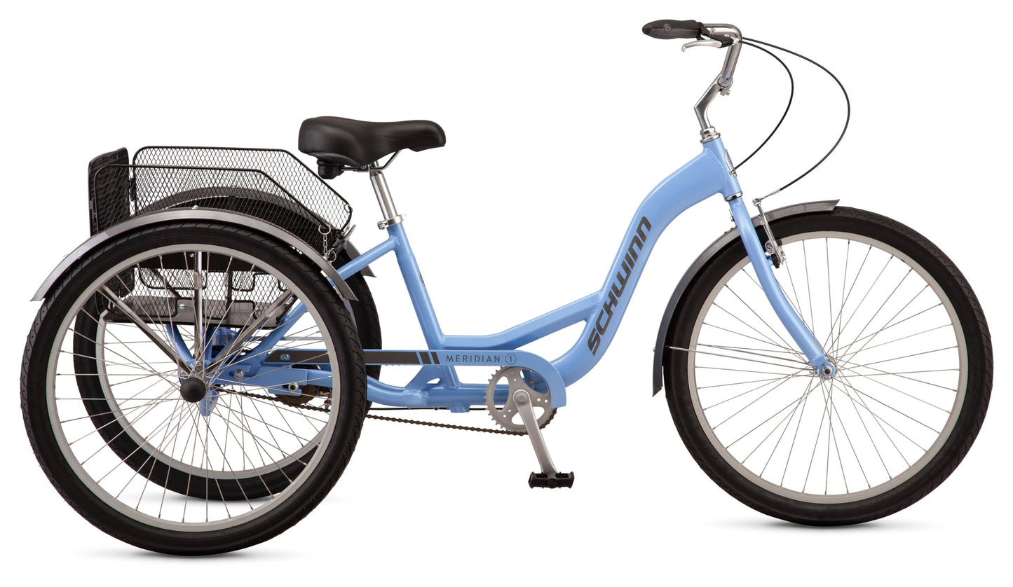 Schwinn Meridian Adult Tricycle, 26 Inch Bike for Women and Men, Single-Speed Adult Trike, Low Step-Through Frame, Springer Cruiser Seat, Upright Riding Position, Bike with Basket, Tricycle for Adults