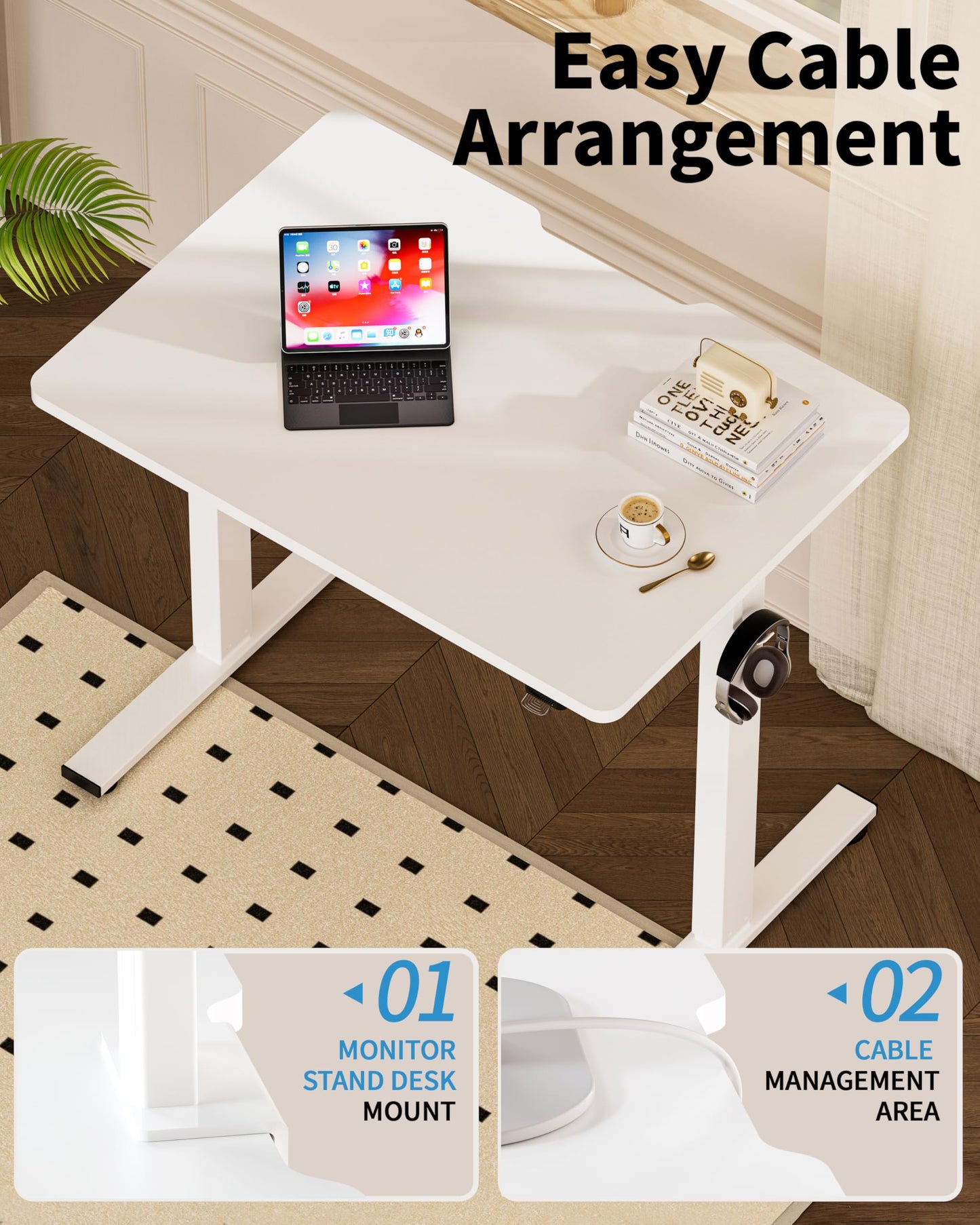 Okin Small Electric Standing Desk, 36" x 24" Whole Piece Height Adjustable Desk, White Sit to Stand Computer Workstation for Home Office