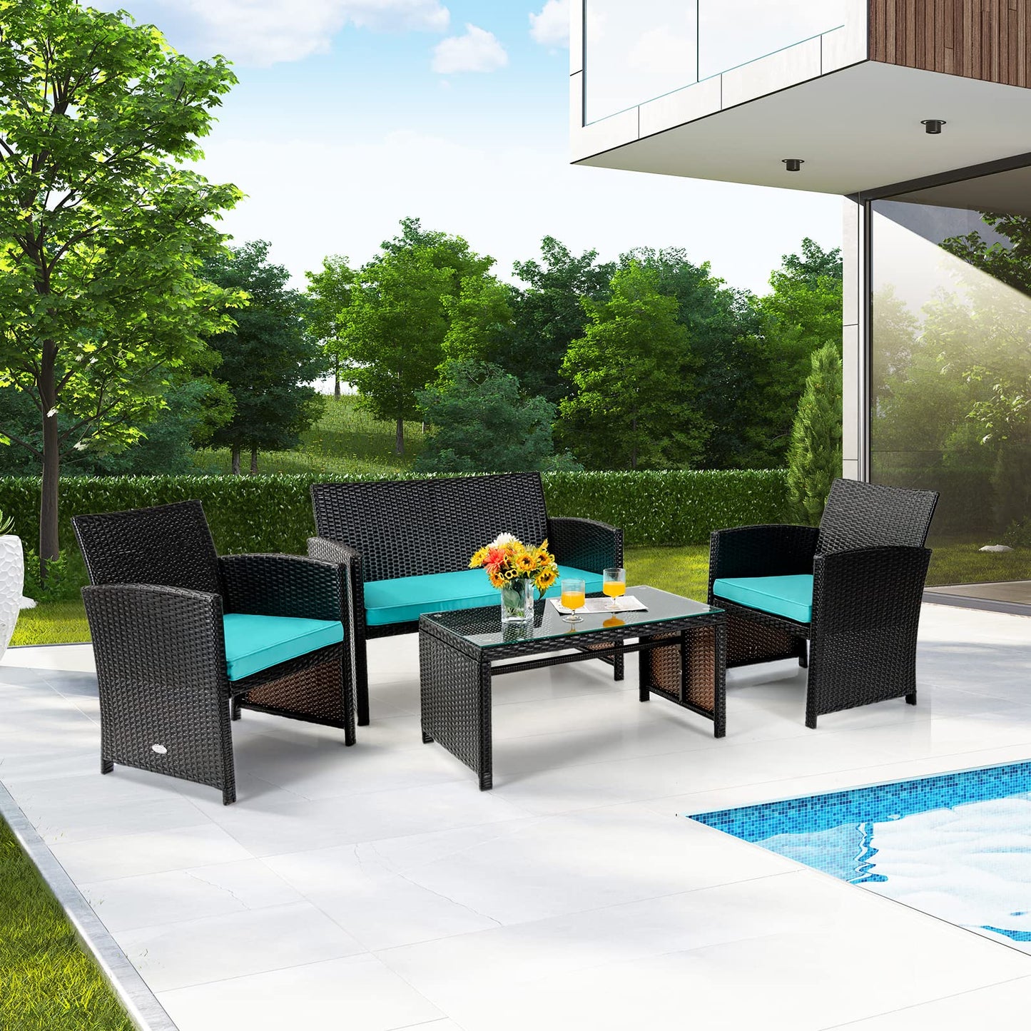 COSTWAY 4 Piece Patio Furniture Set, Outdoor PE Rattan Wicker Sectional Sofa with Cushion and Coffee Table, Patio Conversation Sets for Balcony Lawn Porch Patio Backyard Garden Poolside, Turquoise