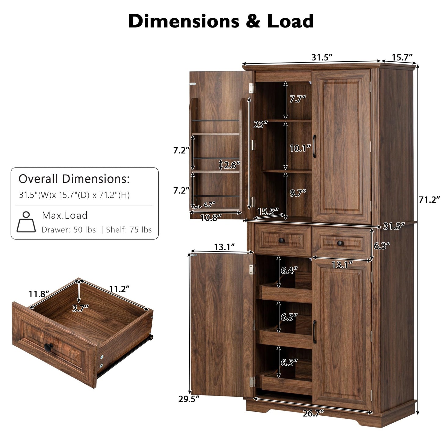Ball & Cast 71" Farmhouse Kitchen Pantry Cabinet with 3 Pull-Out Organizers, Tall Storage Cabinet with 4 Doors, 2 Drawers, 6 Door Shelves & Adjustable Shelves, Freestanding Cupboard, Rustic Brown