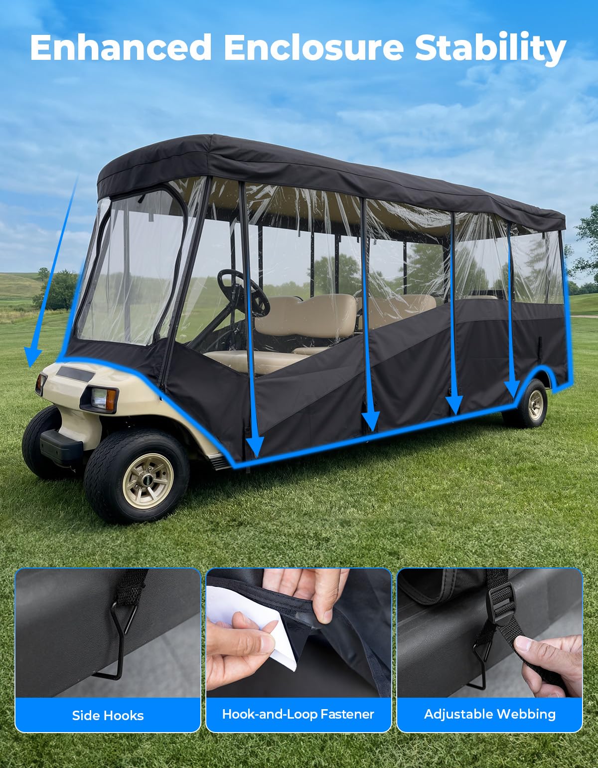 KEMIMOTO Golf Cart Enclosure 8 Seat, 600D Waterproof Golf Cart 8 Passenger Enclosure with Clear Windshield Compatible with Club Car Villager, Concierge