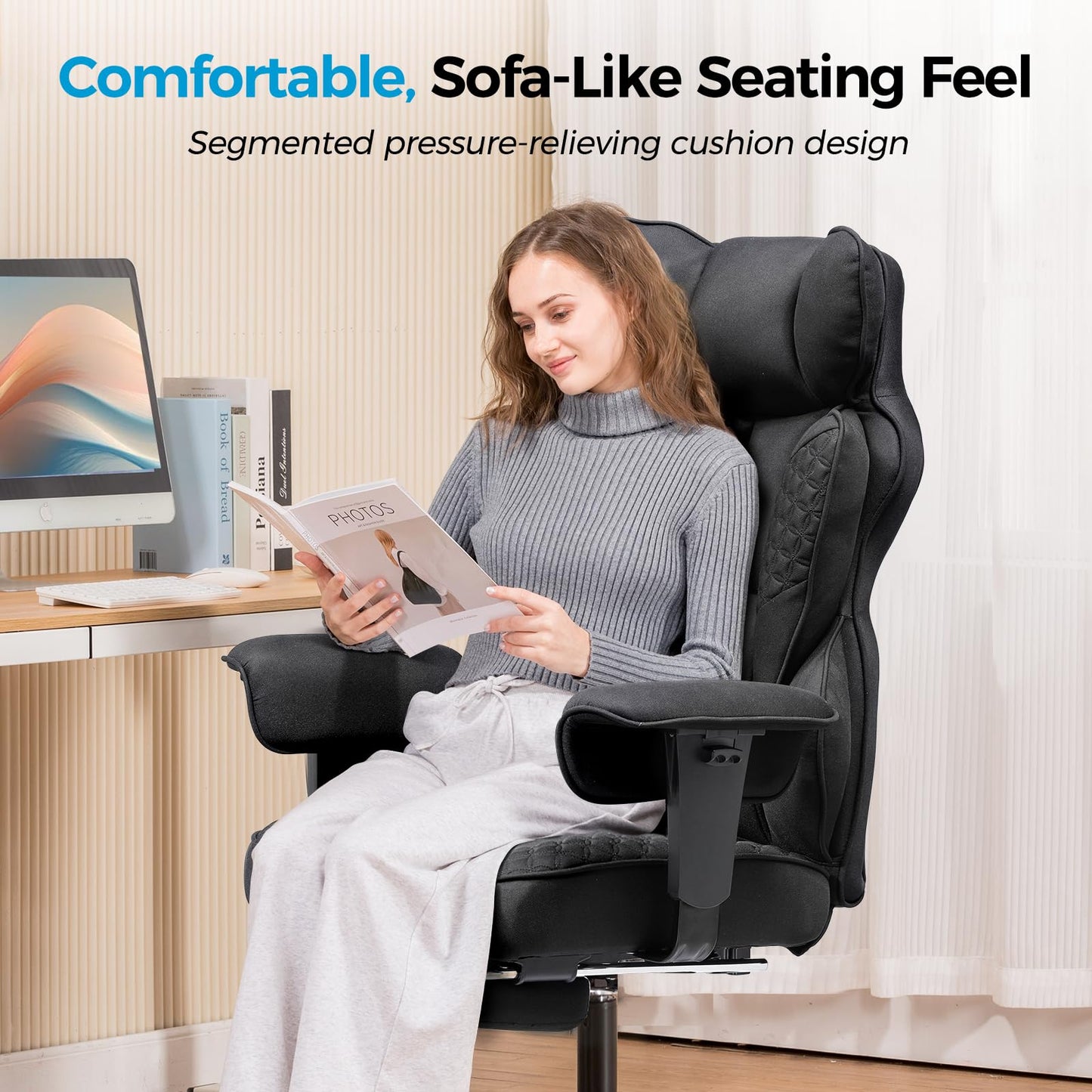 COMHOMA Big and Tall Office Chair Heavy Duty Wide Ergonomic Fabric Deluxe Embossing Designed Gaming Chair with Foot Rest,150°Reclining Adjustable Armrests Pocket Spring Back Support and Pillow