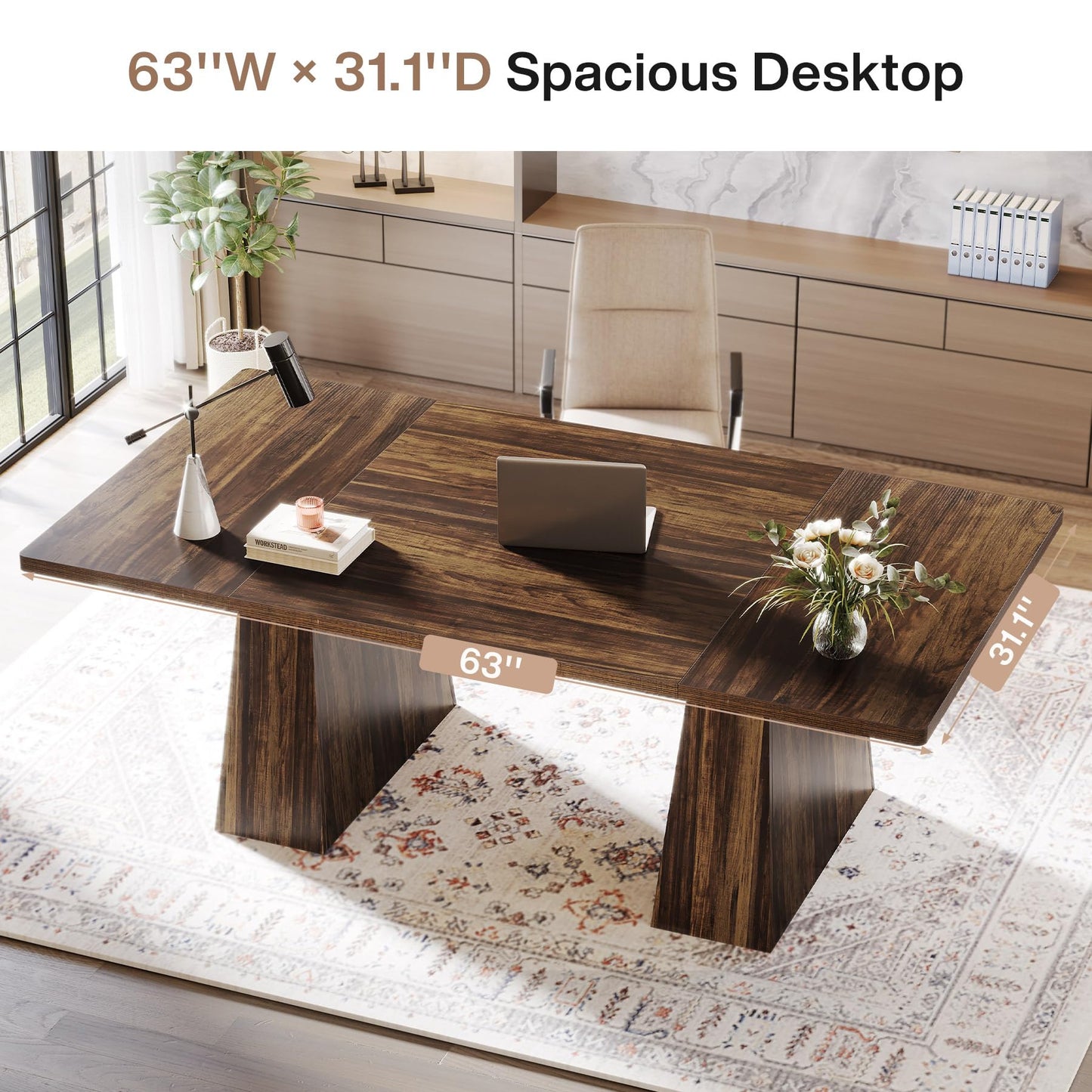 Tribesigns 63-Inch Executive Desk, Large Office Computer Desk with Double Pedestal, Modern Simple Workstations Writing Table Conference Table Business Furniture for Home Office, Rustic Brown
