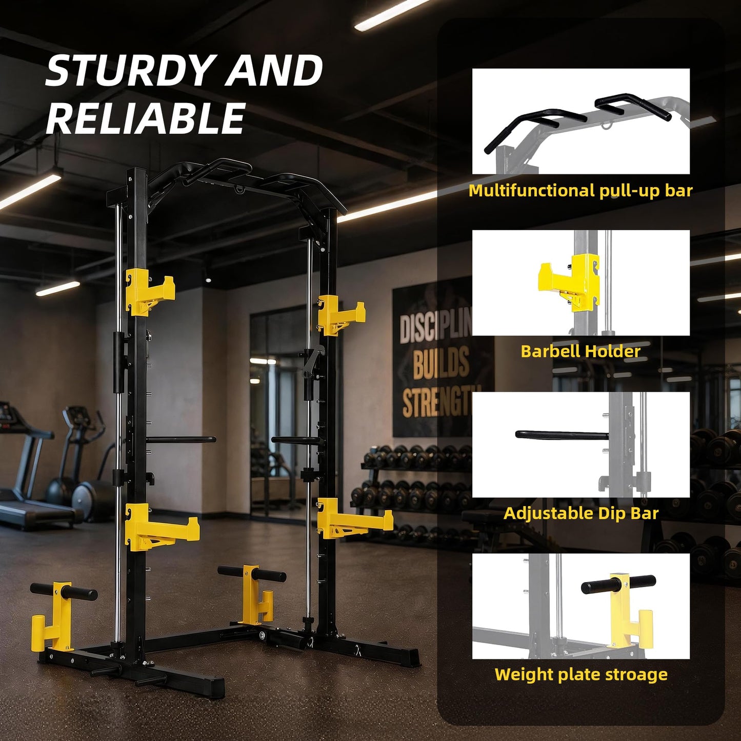 Fitvids Smith Machine Power Cage, Multi-Function Squat Rack with Dip Bars, Weight Plate Storage, J Hooks, Barbell Holder & T-Bar Row Platform, Tricep Rope,2000lb Capacity