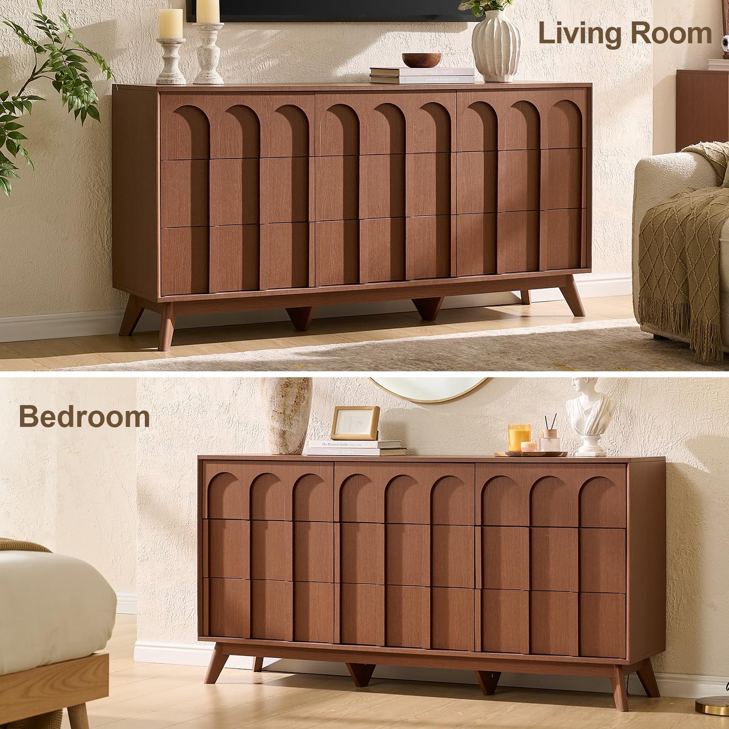 Oak&Sparrow Mid Century Modern Dresser for Bedroom, Walnut 9 Drawer Dresser with Arched Front, 63'' Wide Chest of Drawers Wood Storage Organizer for Living Room