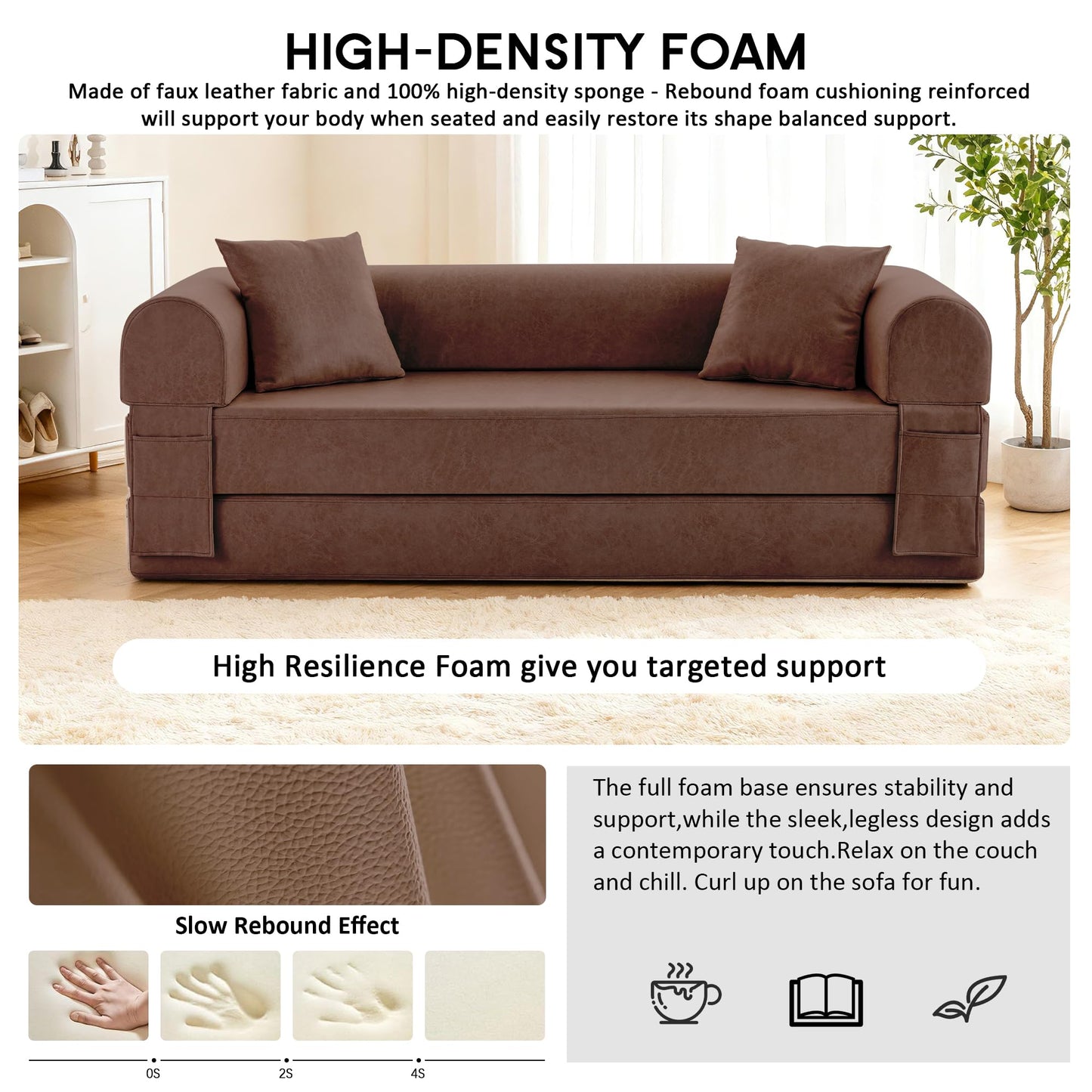 78.5" Convertible Sleeper Sofa Bed, Faux Leather Deep Seat Folding Floor Sofa with Pullout Bed & 2 Pillows, No Assembly Modern Boneless Couch Compression Sofa in Box for Living Room, Office, Brown