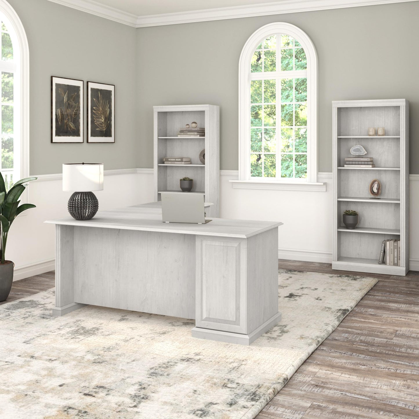 Bush Home Saratoga L Shaped Computer Desk with Drawers and Storage in Linen White Oak | Large Corner Office Table for Workspace