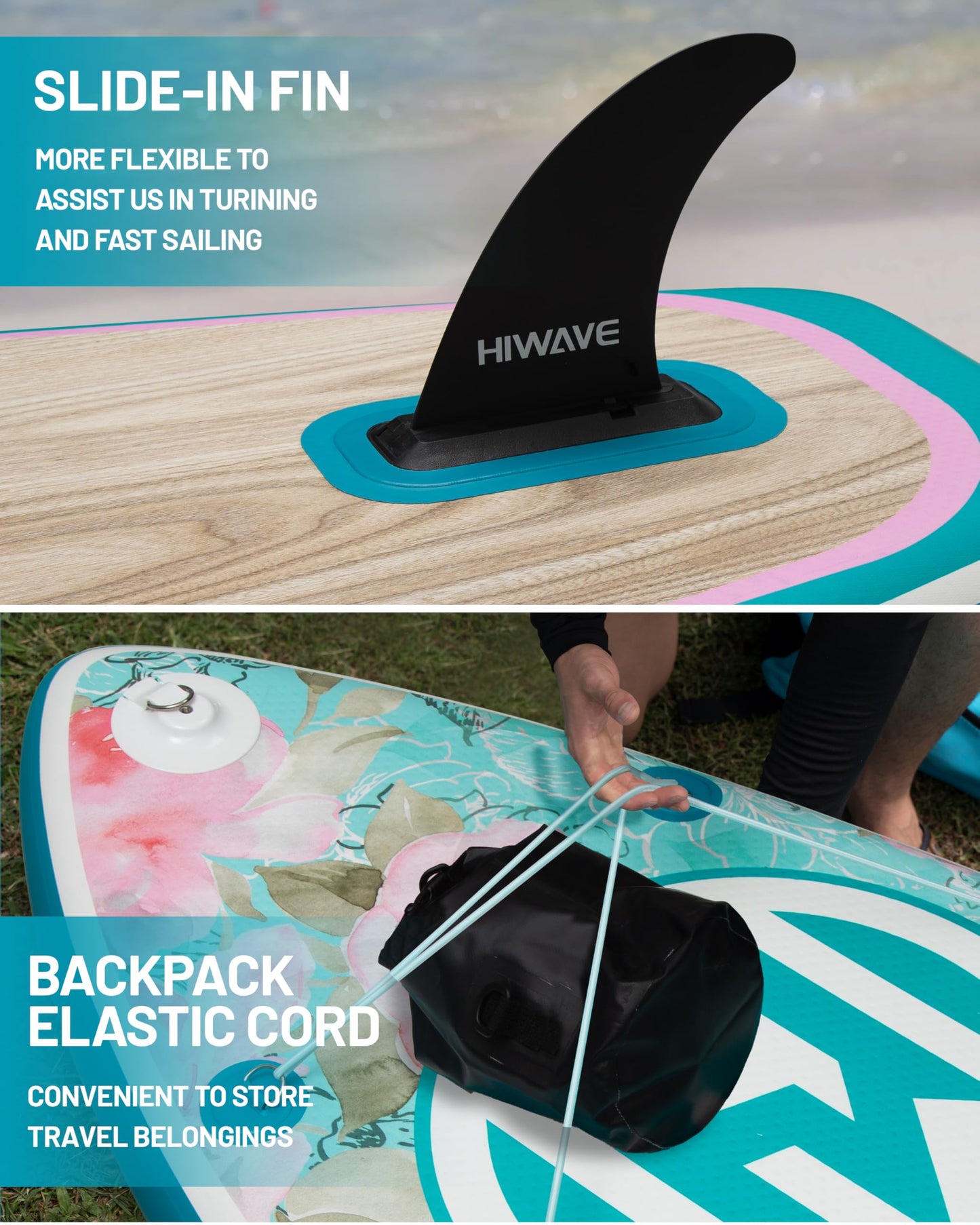 Hiwave Inflatable Paddle Board 11 '* 34 "* 6" Extra Wide Sup Board, 420lb Capicity Paddle Board for Adults, Suitable for Sea and Lakes, 2+1Family Board Green Pink