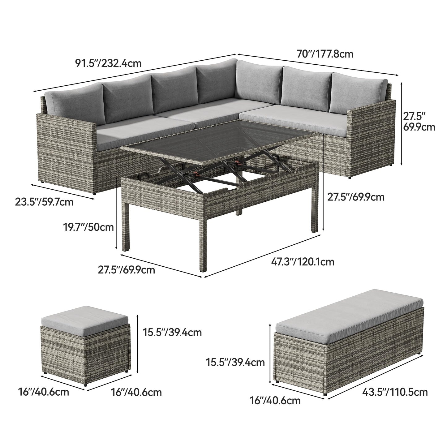 YITAHOME 9PCS Patio Furniture Set with Lift-Top Coffee Table & Ottoman, Outdoor Modular Sectional Sofa, Waterproof Patio Conversation Set, All-Weather Patio Sofa, Outdoor Couch for Deck Backyard