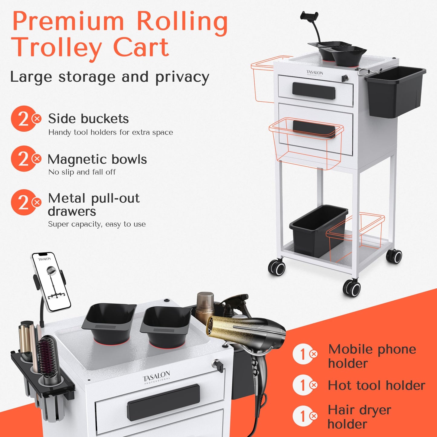 TASALON Salon Trolley Cart with Wheels, 2 Magnetic Bowls & Drawers | Mobile Hair Stylist Station for Tools Storage, Rolling Organizer Cart for Barber & Tattoo Supplies - White