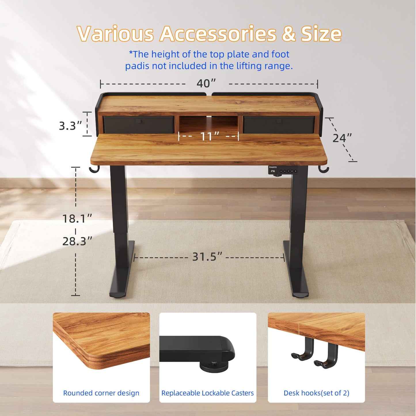 YIHAYO Low Height Adjustable Desk with Drawers, Lifts 18.1-28.3 Inches, Electric Standing Desk with Storage Shelf for short people, 40 x 24 Inches Table with Splice Board for Home Office, Rustic Brown