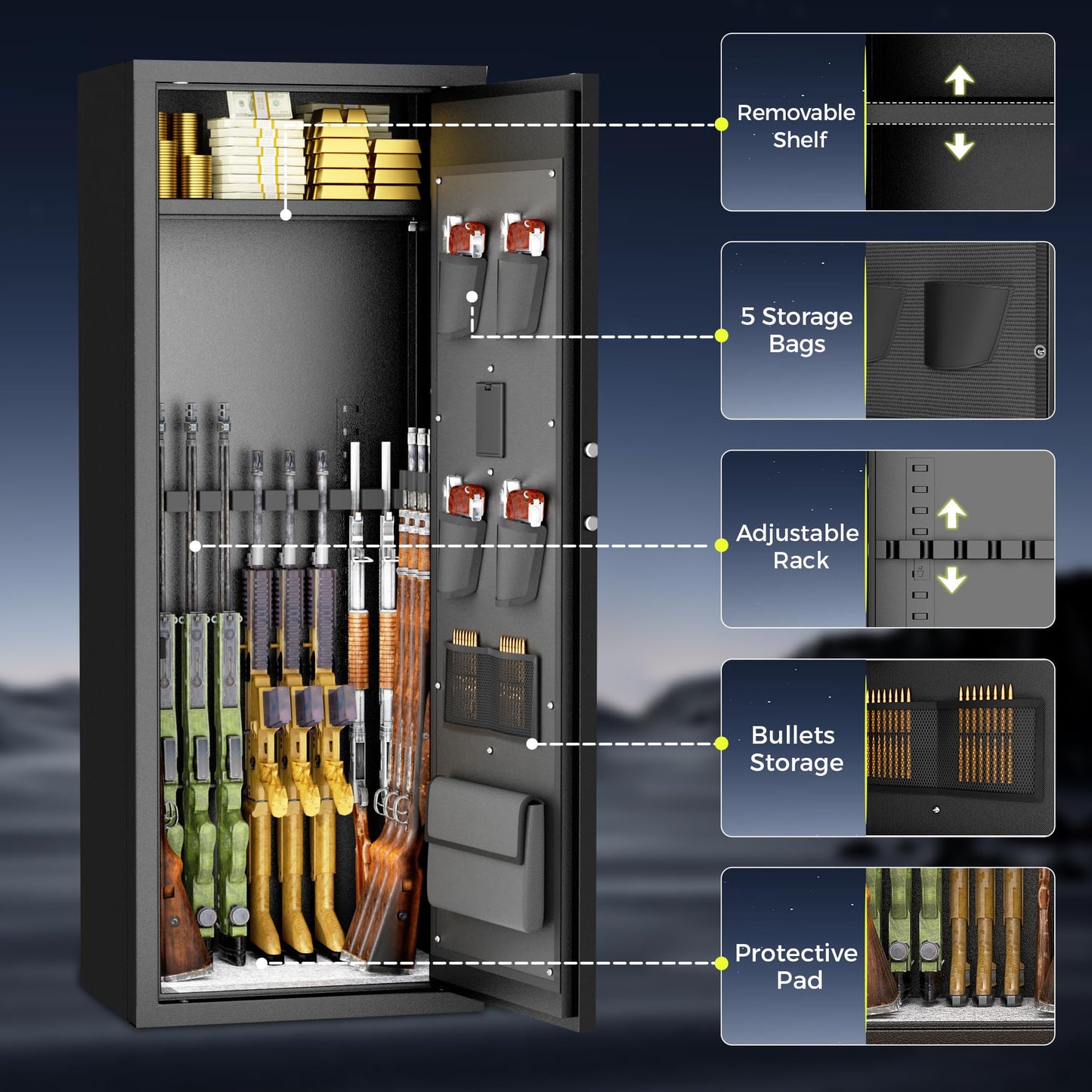 INTERGREAT Gun safes,Large Gun Safe, Gun Safes for Home Rifle and Pistols, Long Gun Safe for Rifle Shotgun for Home,Quick Access for 8-12 Guns, with Adjustable Gun Racks, Easy Assemble