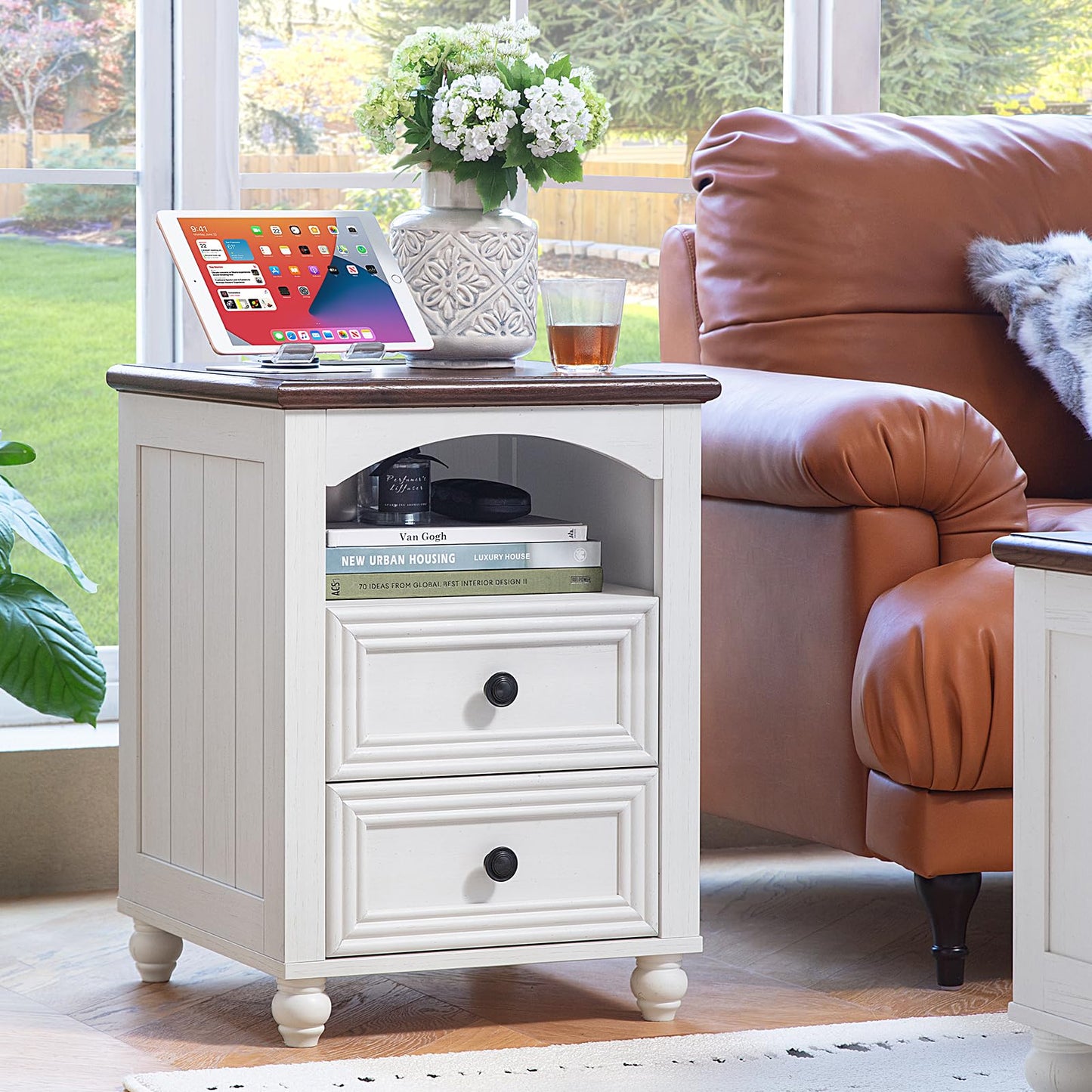 RWYHG 18" Farmhouse Night Stands Set of 2 with Charging Station, Wooden Nightstand with 2 Drawers, Bedside End Table with Storage, Bed Side Tables Cabinet for Bedroom, Living Room, and Closet(White)