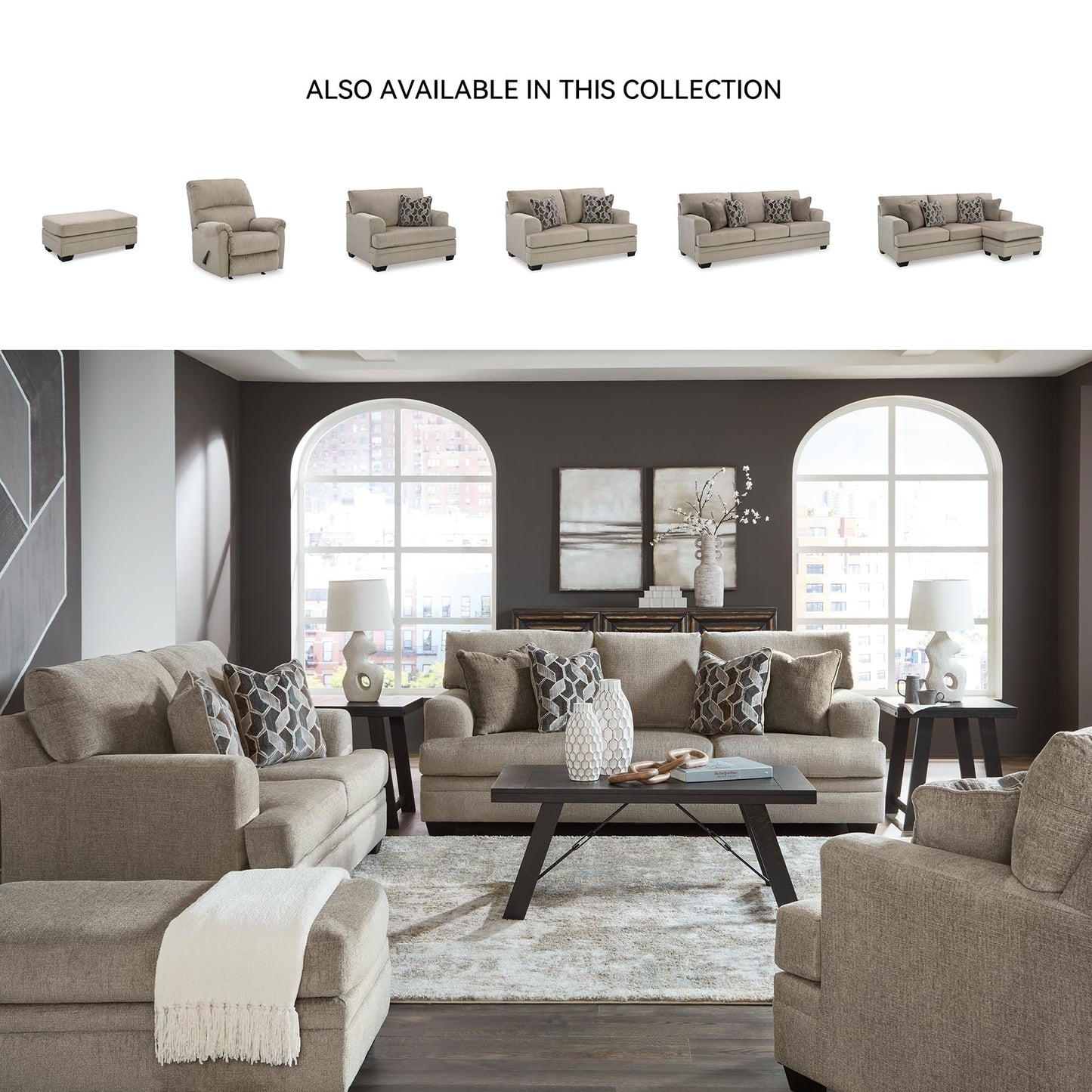 Signature Design by Ashley Stonemeade Casual Right-Arm Facing Sofa Chaise with 4 Toss Pillows, Light Brown