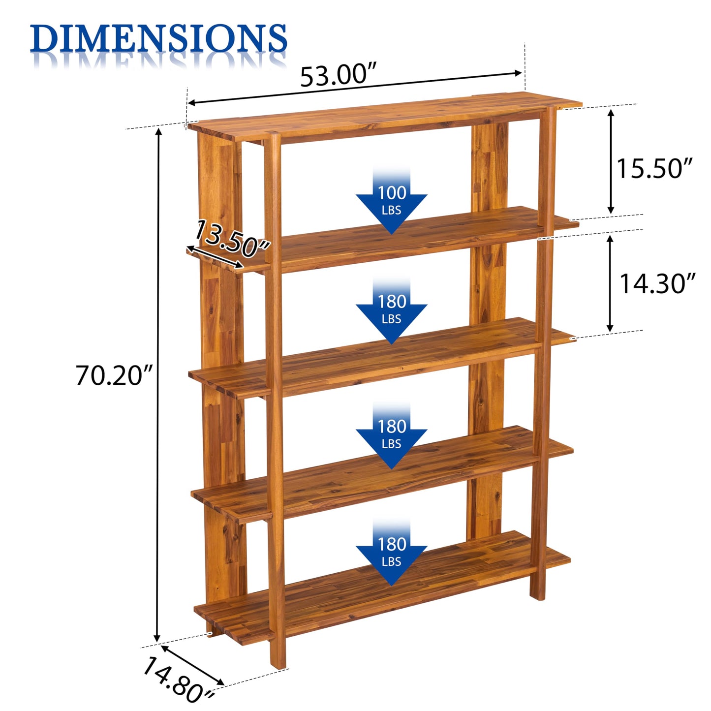 Merax 4 Shelf Bookcase H-70 L-53 Acacia Wood Open Bookshelf Teak Finish