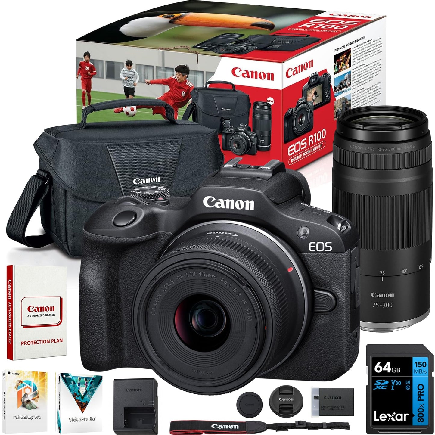 Canon EOS R100 Mirrorless Camera Two-Lens Bundle | RF-S 18-45mm + RF 75-300mm Lenses | 64GB Card & Editing Software | Canon USA Warranty | Authorized Dealer