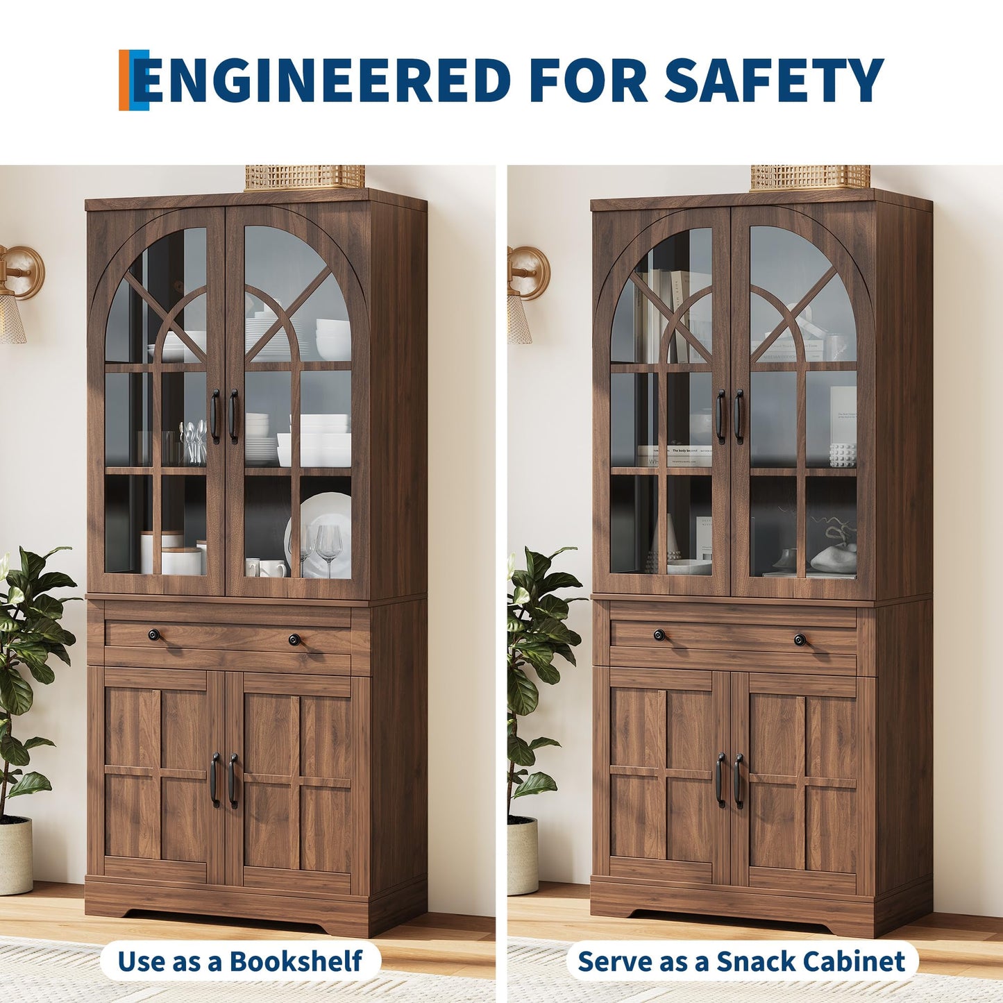 Garvee Farmhouse Pantry Cabinet, 71.9" Tall Freestanding Kitchen Cabinet with Tempered Glass Doors& Anti-Tip Design for Kitchen, Dining Room & Living Room,Retro Brown