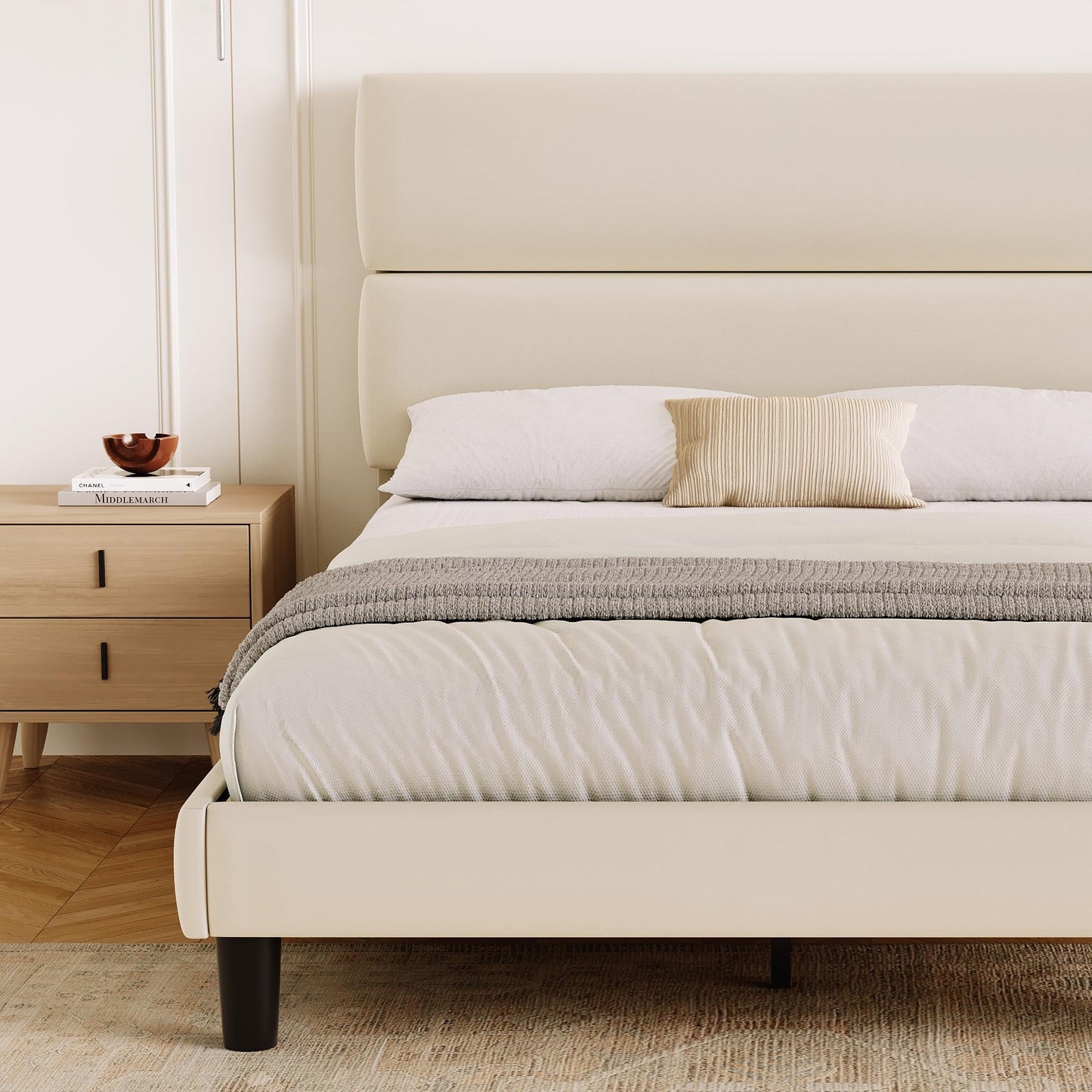 GRUSIGN King Size Platform Bed Frame with Velvet Headboard, Adjustable Height Wooden Slats Support, Upholstered Mattress Foundation, Fits Mattress or Mattress with Box Spring, Easy Assembly, Beige