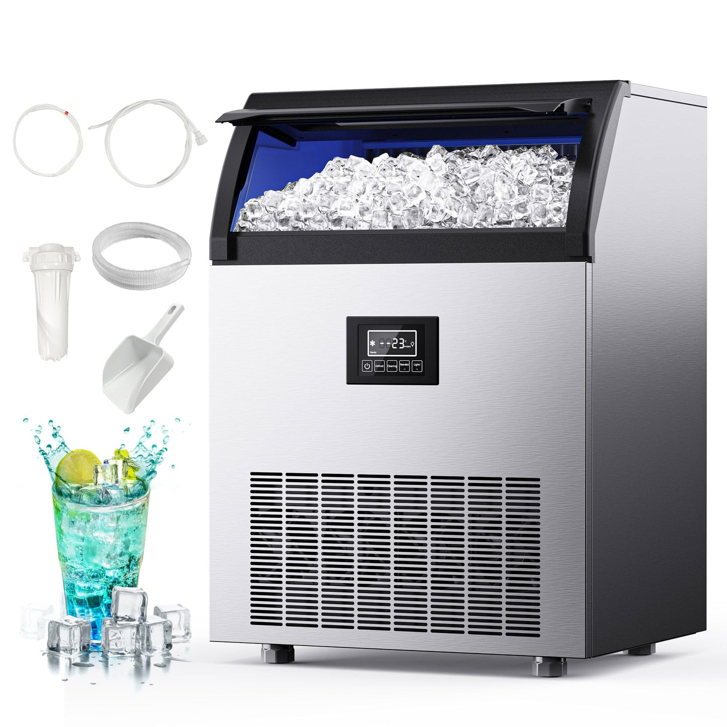 EUHOMY Commercial Ice Maker, 300lbs/24H, Stainless Steel Under Counter Freestanding Ice Machine with Water Filter, 44lbs Storage Capacity, 126 Cubes in 8-12 Mins for Home/Bar/Cafe/Restaurant