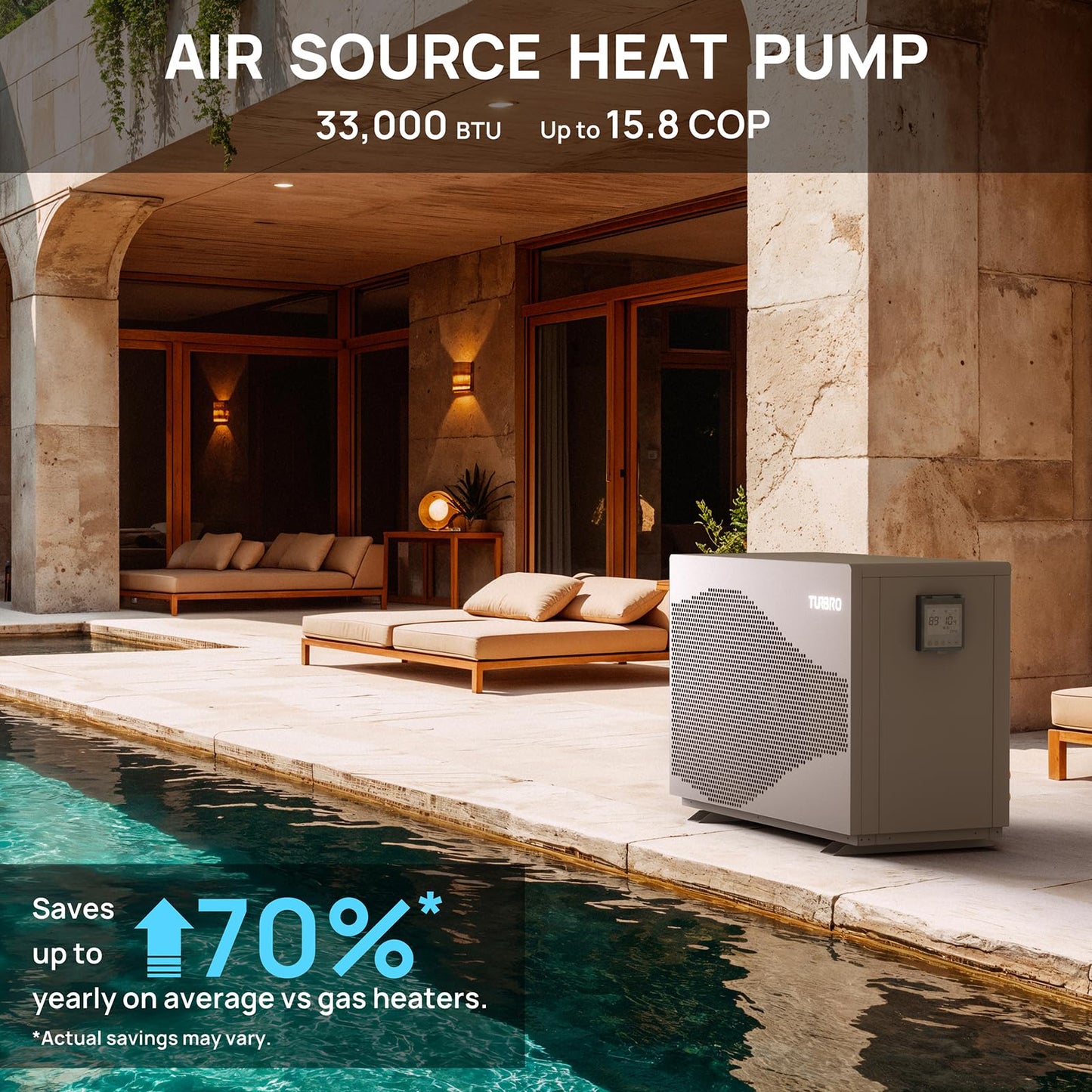 TURBRO 33,000 BTU Inverter Swimming Pool Heat Pump, Up to 10,000 Gallons, WiFi Control Electric Pool Heater for Above and Inground Pools, Heating and Cooling, Up to 15.8 COP, 110-120V, Beluga B33V