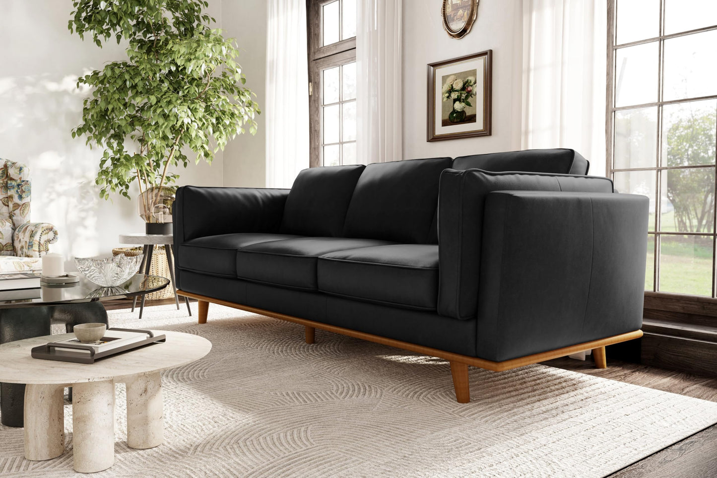 Valencia Artisan Full Leather Sofa 88” | Pure Full Italian Nappa Leather Couch, Solid Wood Accent, Ultimate Comfort, Black