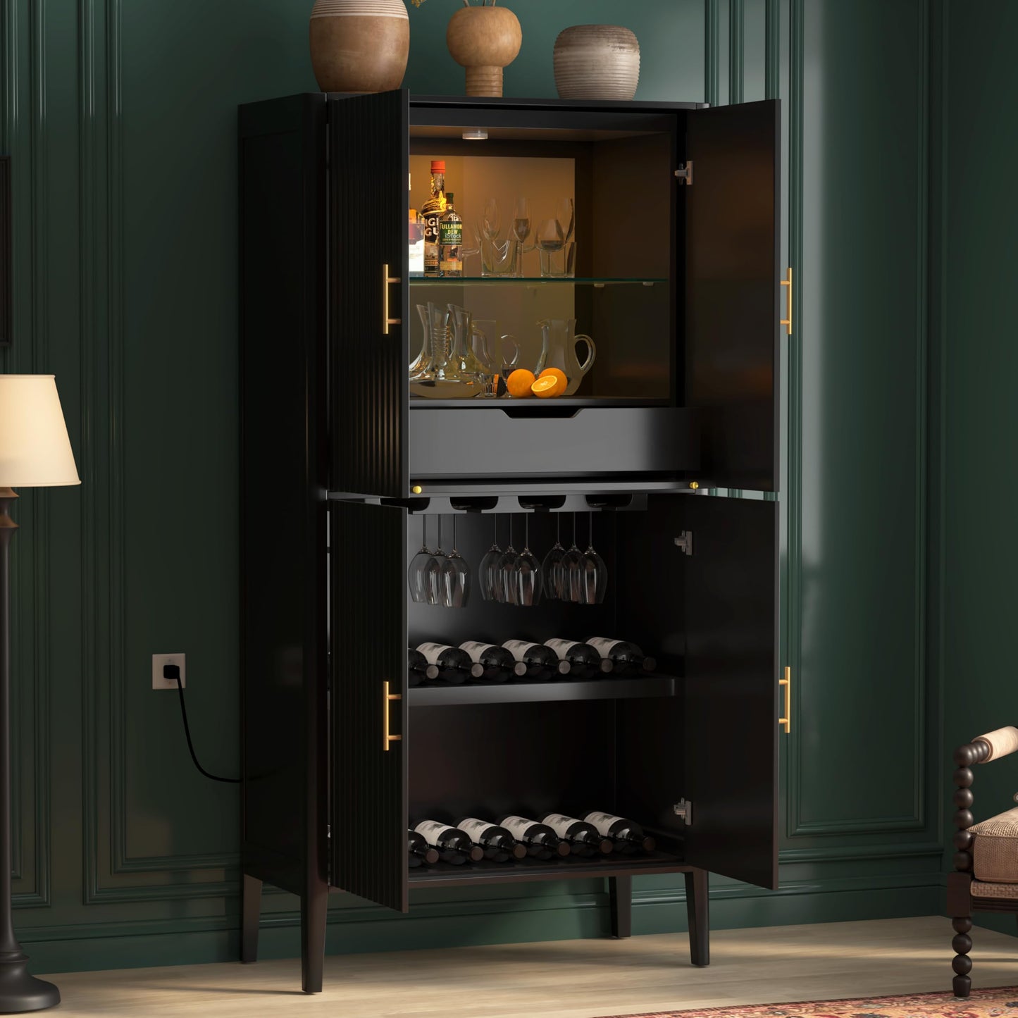 Merax Modern Fluted Wine Storage Cabinet with 4-Door & Stemware Rack, 70.9" Tall Pantry Cabinet with 1 Drawer & Adjustable Shelves & Glass Display, Freestanding Sideboard Bar Cabinet (Black)
