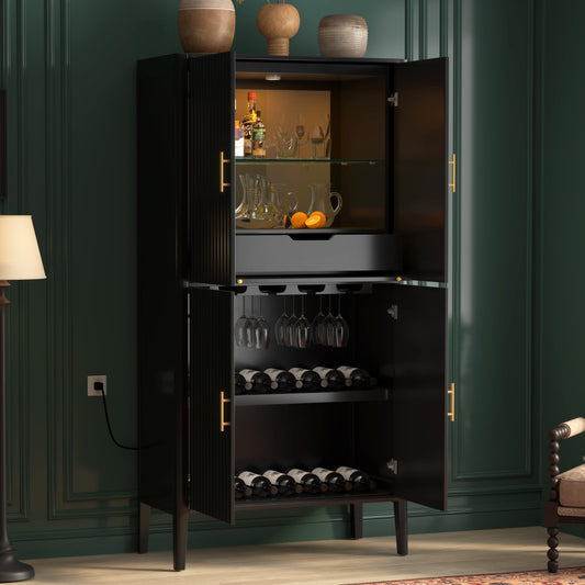 Merax Modern Fluted Wine Storage Cabinet with 4-Door & Stemware Rack, 70.9" Tall Pantry Cabinet with 1 Drawer & Adjustable Shelves & Glass Display, Freestanding Sideboard Bar Cabinet (Black)