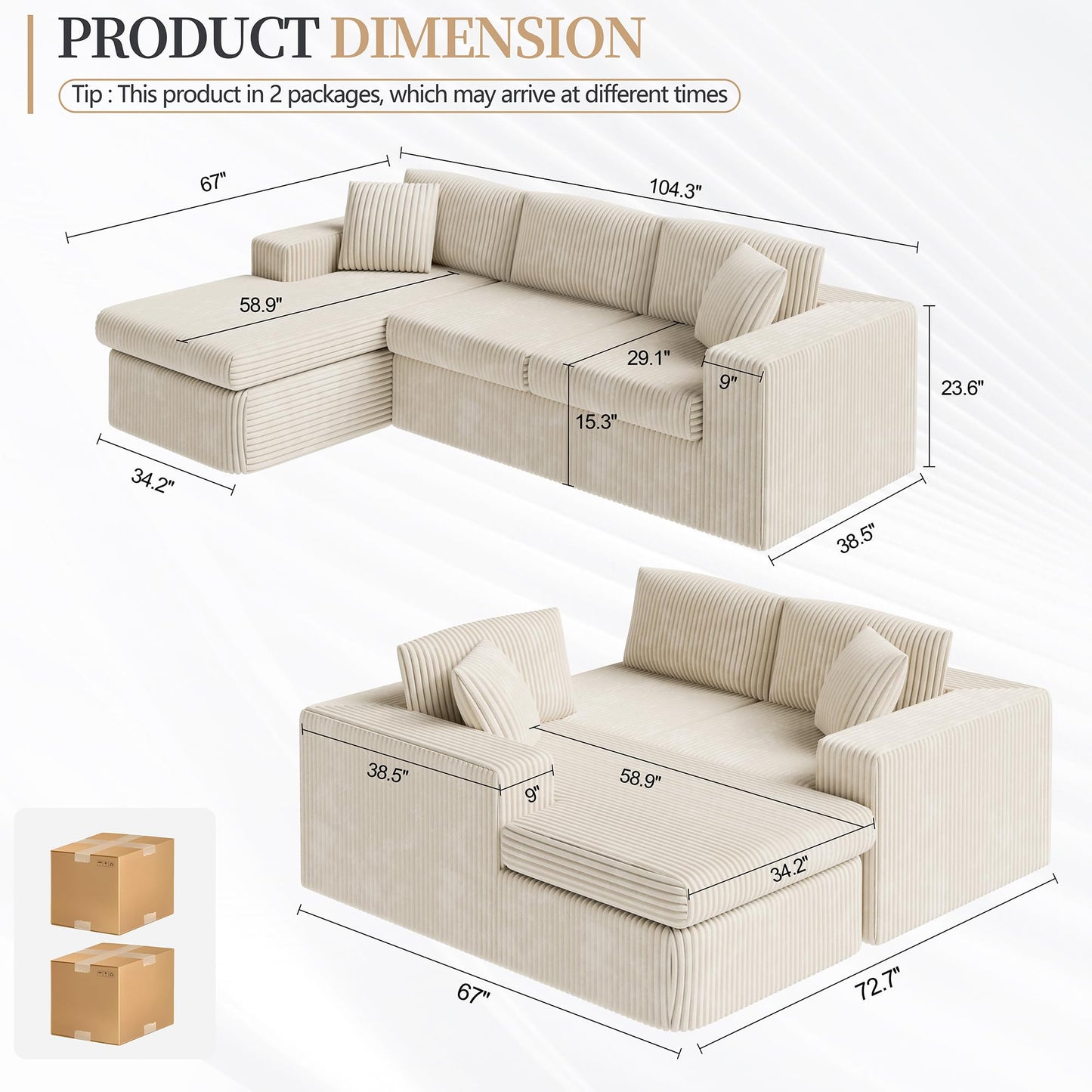 Vongrasig 105" Boneless Couches for Living Room, Sectional Couches Modular Sofa with L-Shaped Chaise, Memory Foam Comfy Cloud Couch with Plush Corduroy Fabric, No Assembly Required, (Beige)