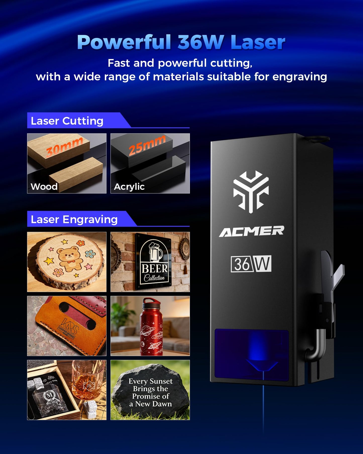 ACMER P1 S PRO 36W Laser Engraver and Cutter, 36000mW Diode Laser Engraving Machine, 25L Air Assist, 0.01mm Precision, 380×350mm Work Area, High Power Laser Cutter for Wood & Acrylic