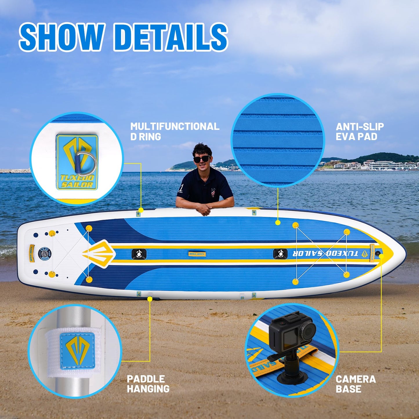 Tuxedo Sailor Large Size Inflatable Fishing Kayak 12'×34"×6" Ultra-Light Paddle Board, Stand Up Paddle Board Complete Accessories, Fishing Support Bases, Kayak Seat etc