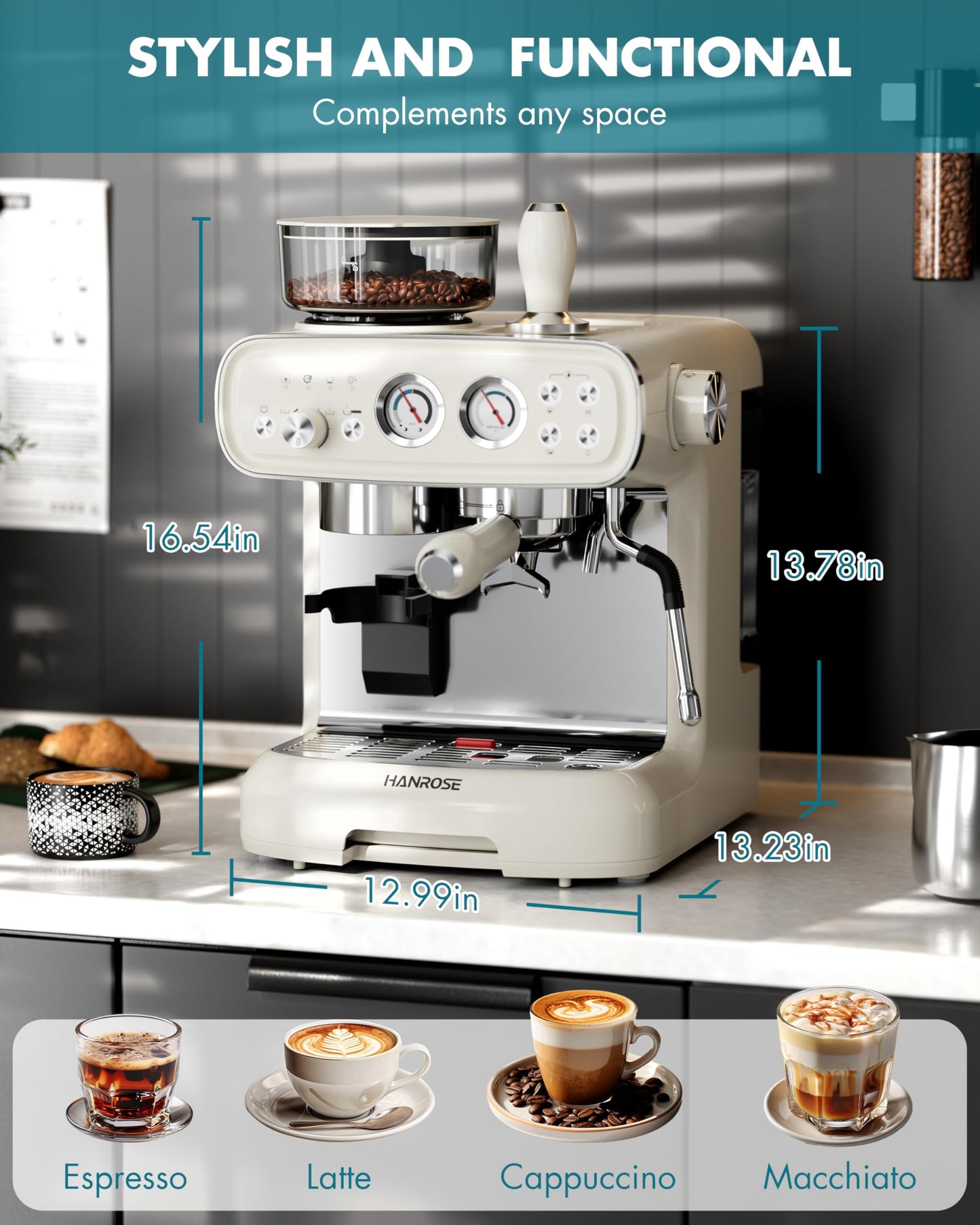 Hanrose Espresso Machine With Grinder, 20 Bar Espresso Machine with Milk Frother Steam Wand, Espresso Machines for Home, Expresso Coffee Machines Professional, Cappuccino Latte Machine