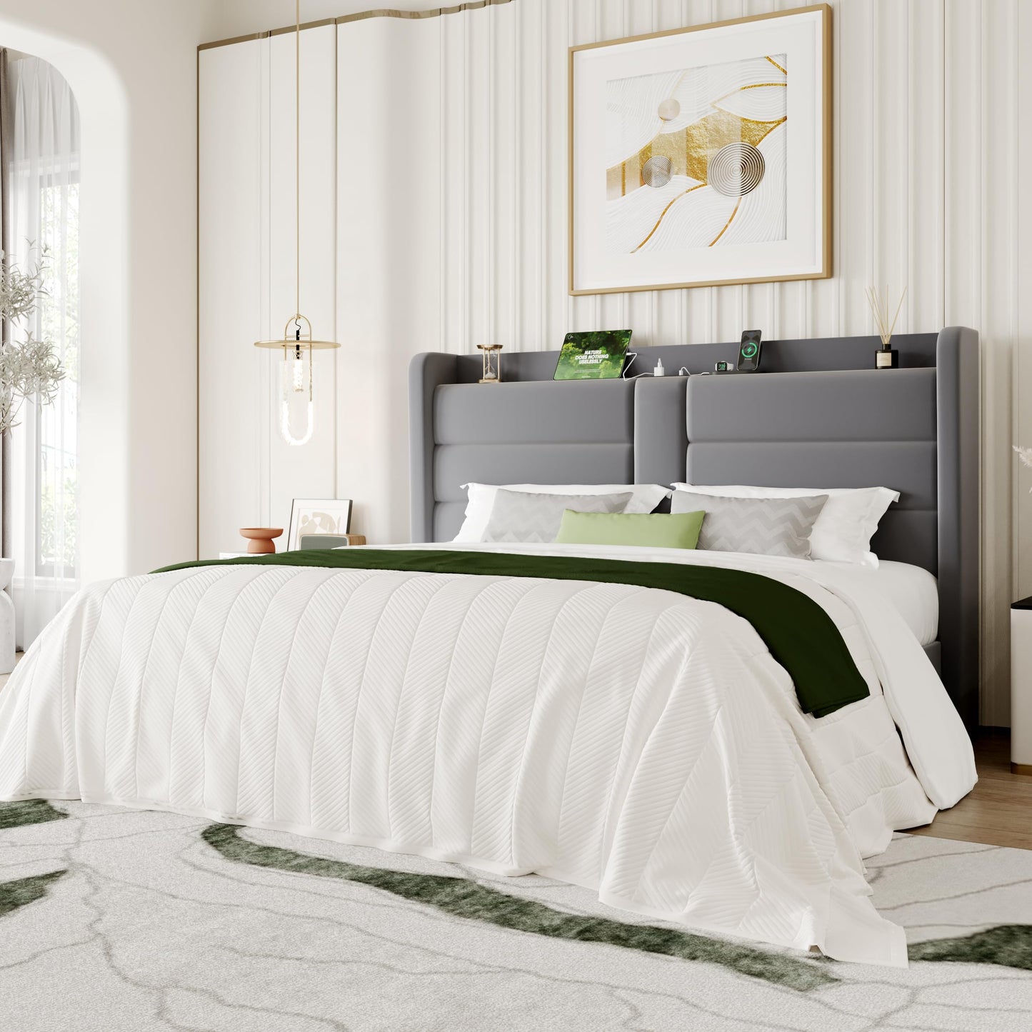 SHA CERLIN King Size Upholstered Bed Frame with Storage Shelf & Charging Station, Modern Velvet Platform Bed with Wingback Headboard, Wooden Slats Support, No Box Spring Needed, Easy Assembly, Grey