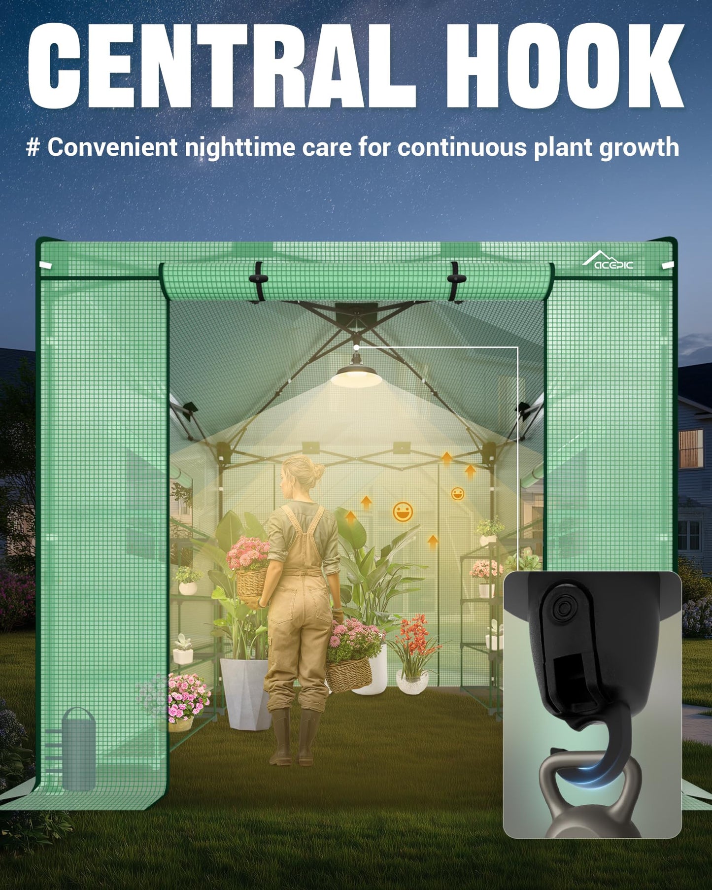 Acepic 8x8 Instant Pop up Greenhouses, Indoor Outdoor Portable Greenhouse Walk-in for All Season, Small Green House with Roll-Up Zipper Doors and Side Windows, 4 Sandbags, Pe Cover, Green/Clear