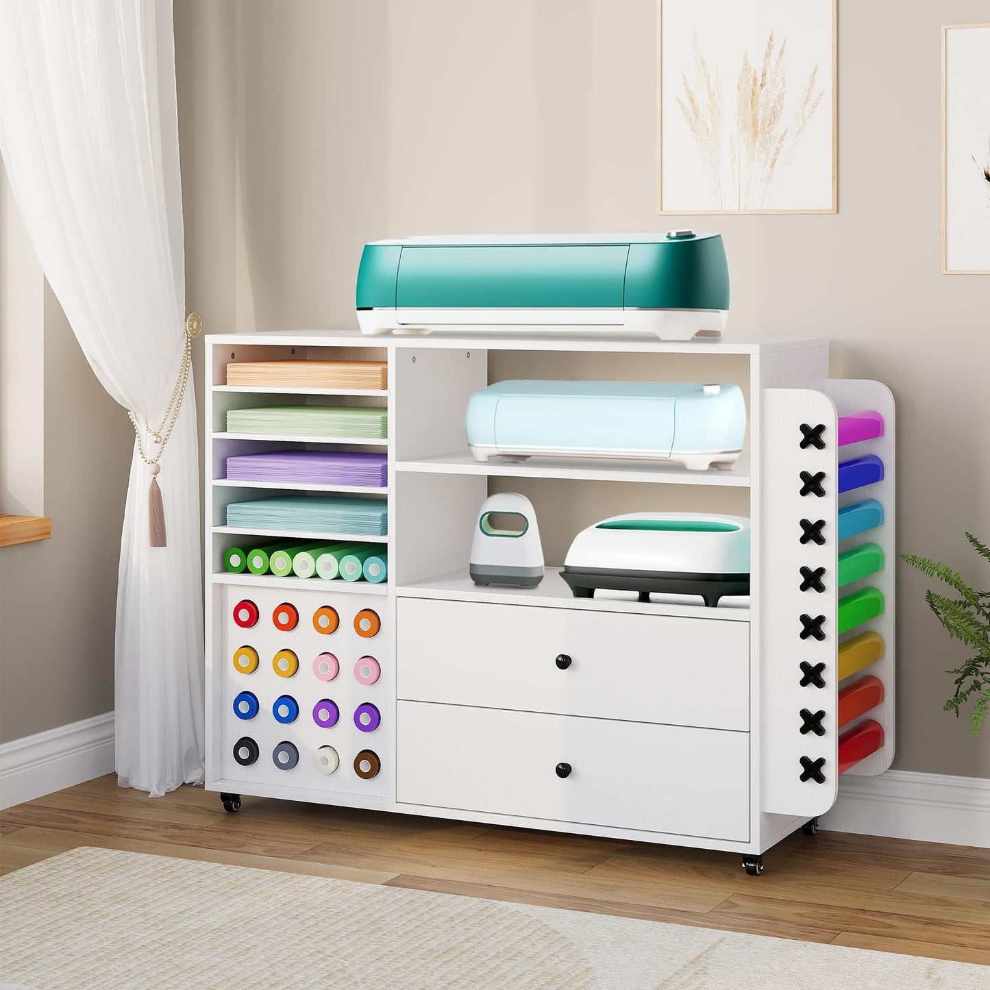 MilleLoom Craft Cart with Vinyl Roll Holder - Large Rolling Cricut Cart Organizer & Workstation, Craft Storage Table Compatible with Cricut Machine, Heat Press, Craft Room White