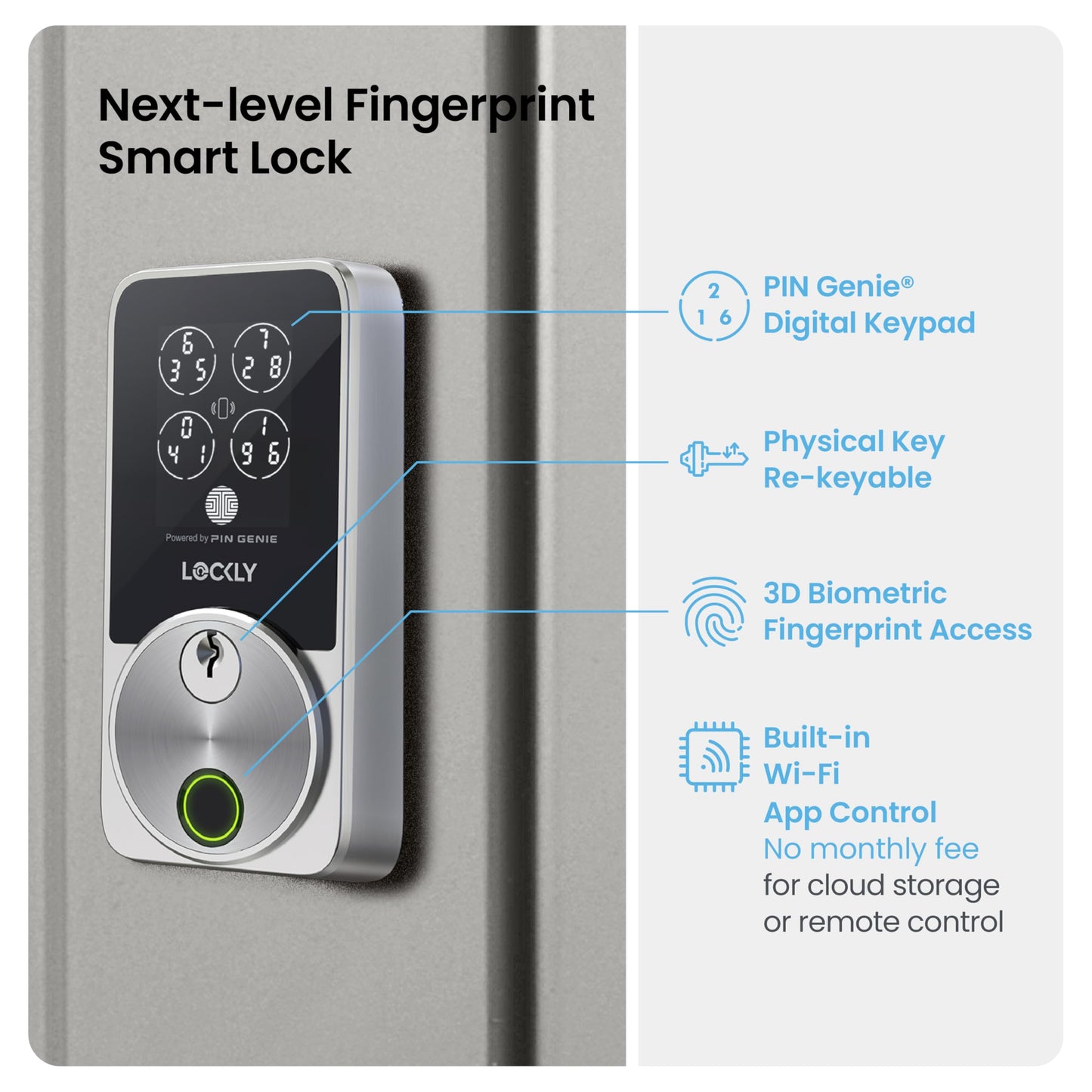 Lockly Secure Pro Smart Door Lock,Fingerprint Keyless Entry Door Lock,Apple Home Key Compatible,Auto Lock, App Remote Control,IP65 Waterproof,Easy Installation