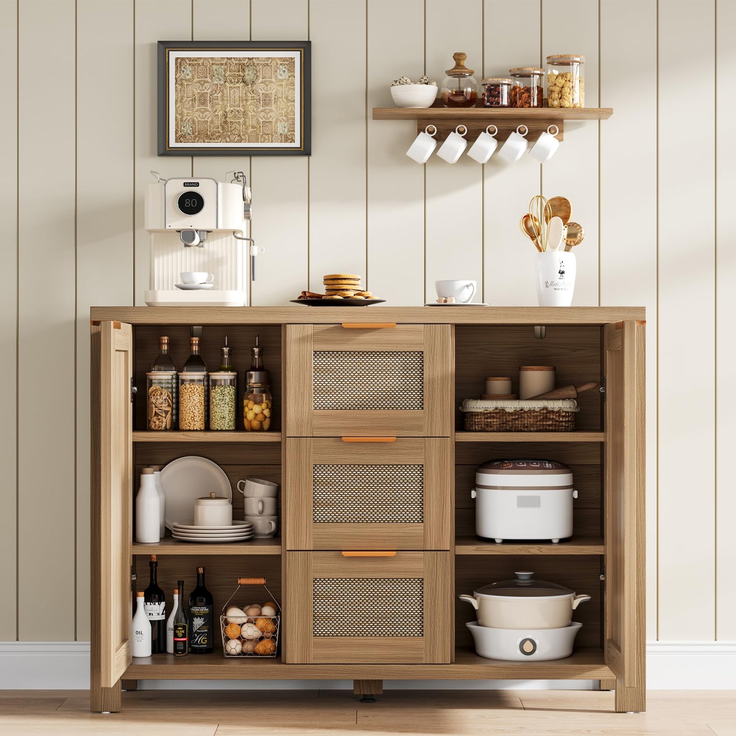 Garvee Rattan Buffet Sideboard Cabinet, Coffee Bar Cabinet with 3 Drawers, Boho Kitchen Accent Storage Cabinet for Dining Room, Living Room, Entryway, Light/Dark Oak