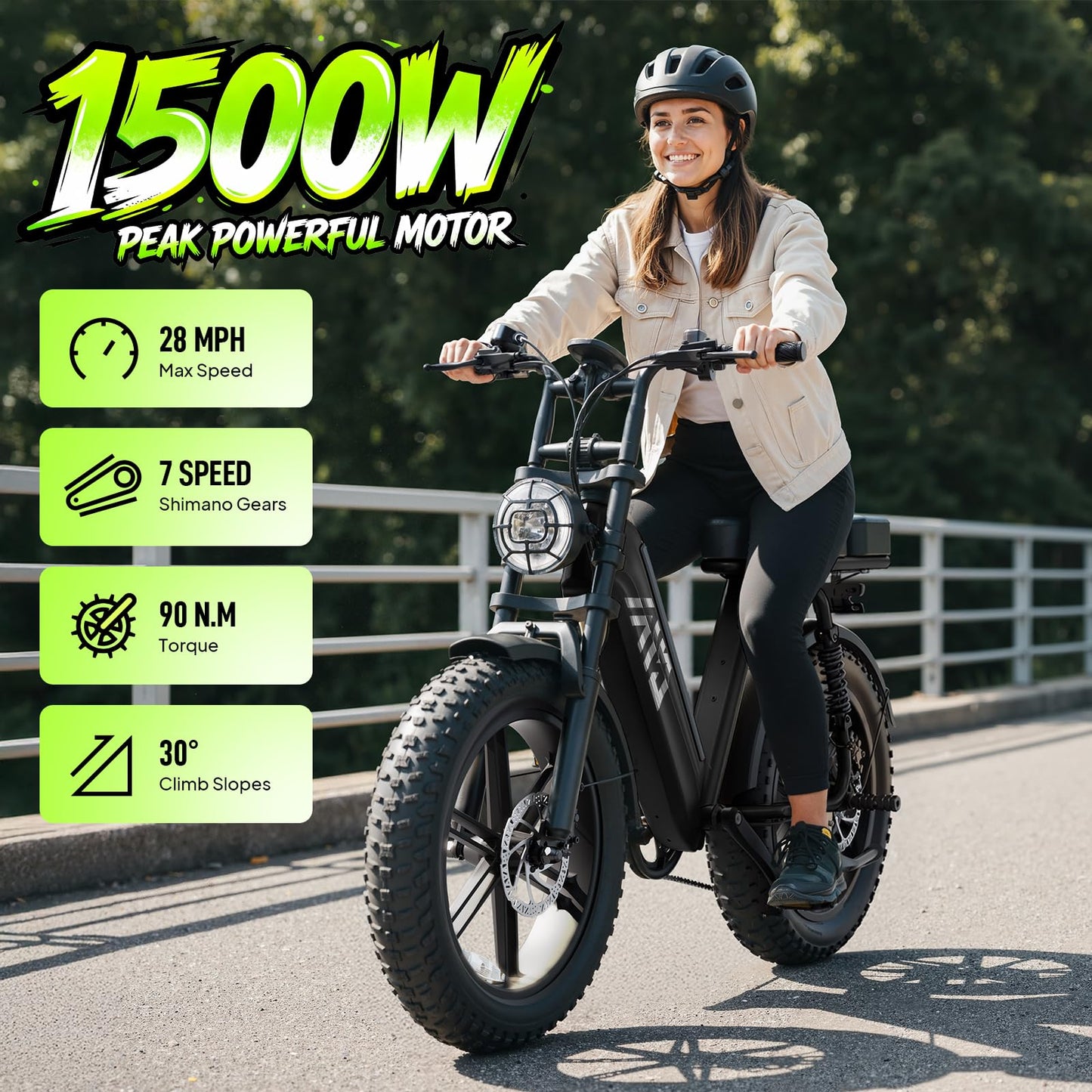 TST Electric Bike for Adults, 1500W Peak Motor Ebike with 48V 15Ah Built-in Battery, 60 Miles Range Electric Bicycle, 20" Fat Tire Step-Thru E Bike with Rear Seat, Rear Footrest