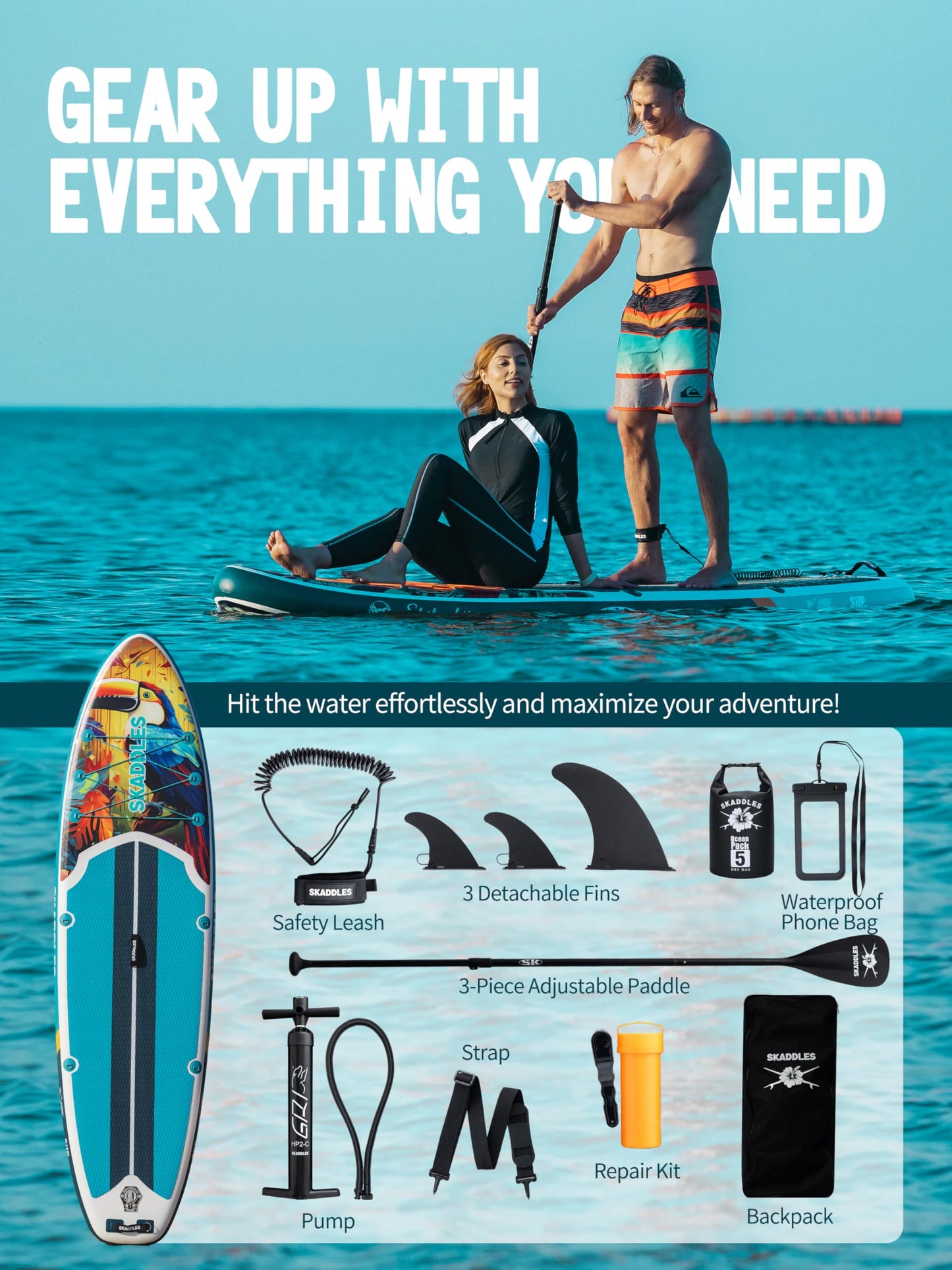 SKADDLES 10’6’’ Portable Inflatable Stand Up Paddle Board (SUP) for Adults and Youth with Non-Slip Deck – Complete Accessories Kit, Perfect for Fishing, Yoga, Fitness & Family Fun (TropiNest)