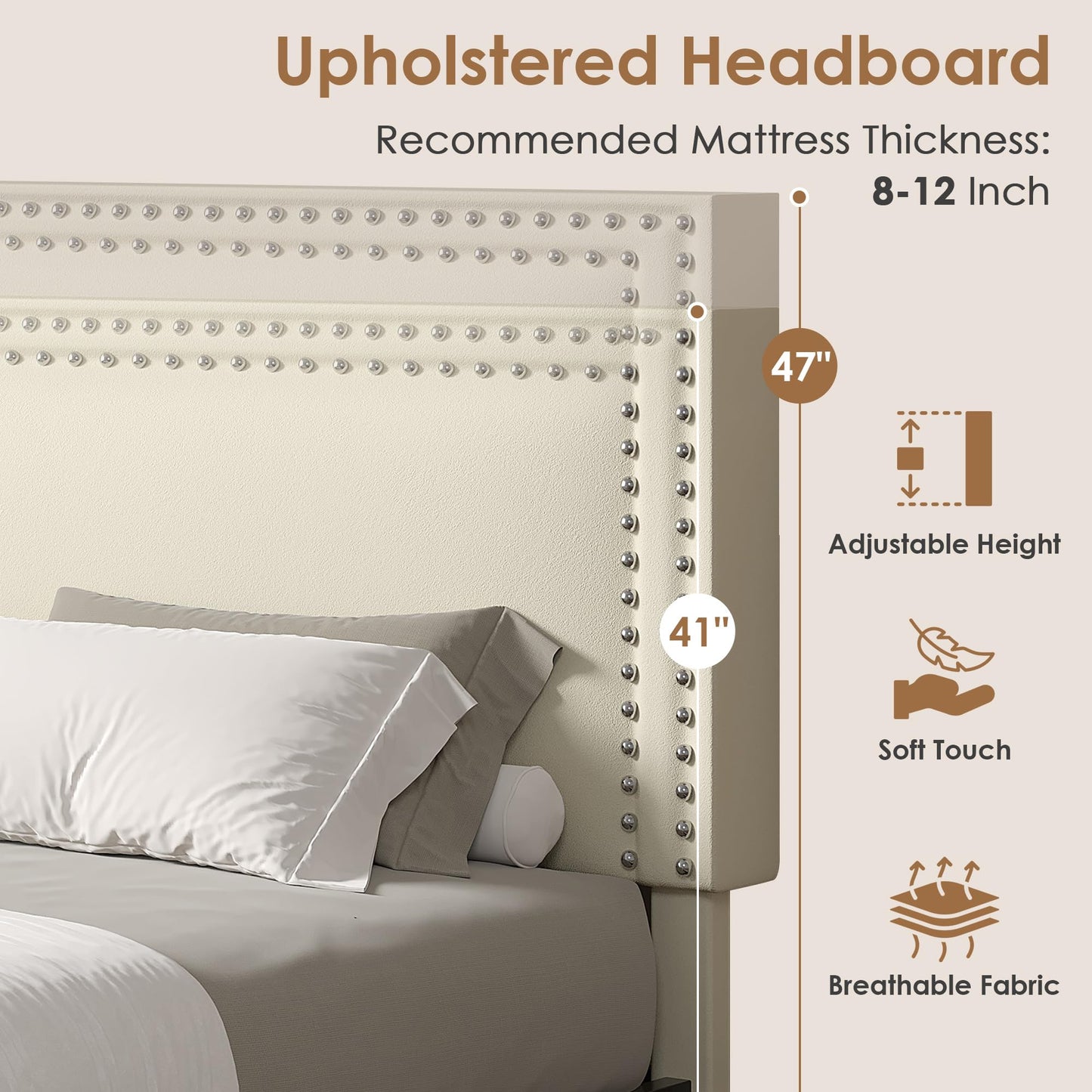 VECELO Queen Size Upholstered Bed Frame with 4 Storage Drawers, Adjustable Velvet Rivet Decor Headboard, Wooden Slats Platform Support, No Box Spring Needed, Easy Assembly,Beige