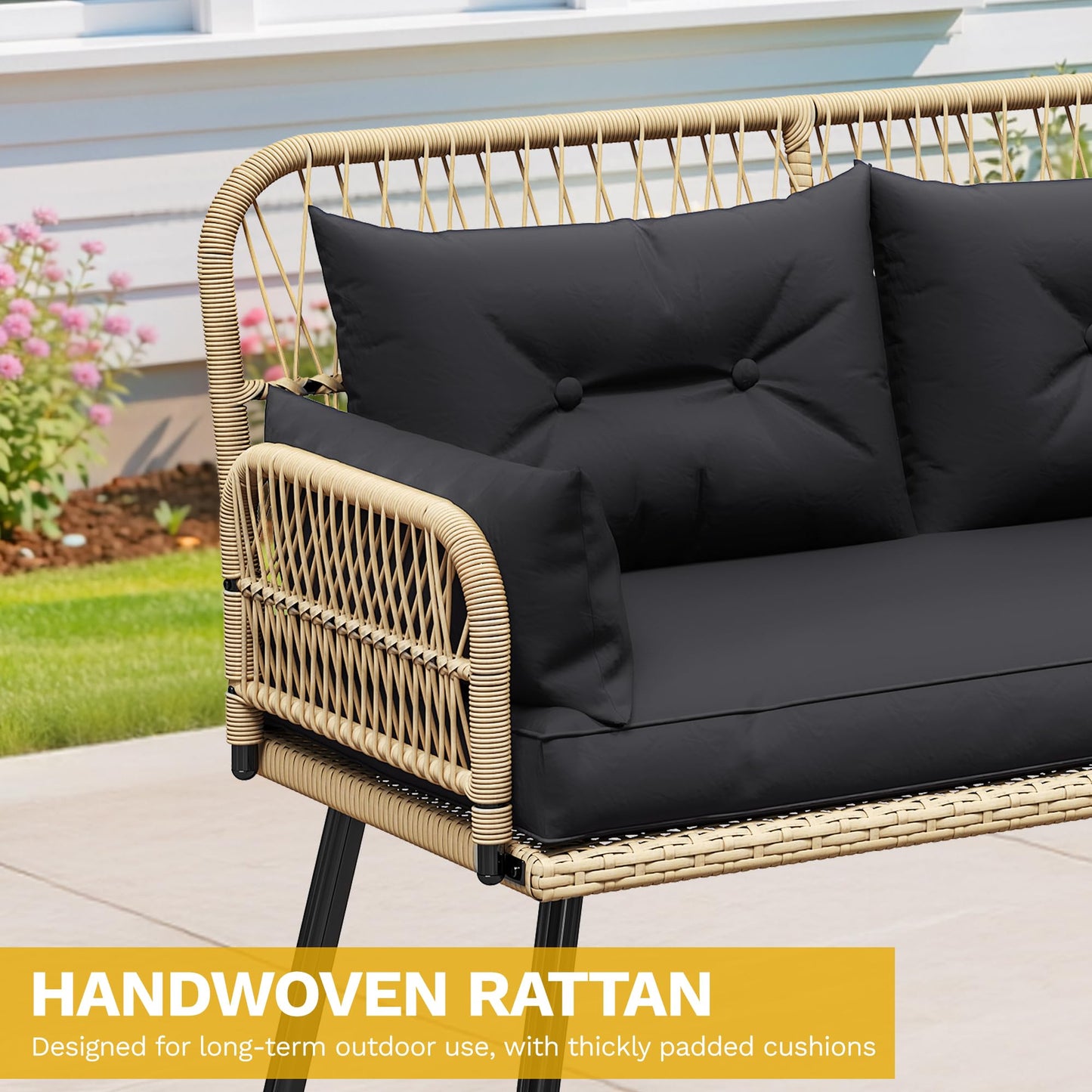 DWVO 9-Piece Patio Furniture Set Couch L Shape Outdoor Couch with Soft Cushions, Ottomans & Dining Table All-Weather Rattan Patio Conversation Set Outdoor Patio Sectional for Backyard Garden