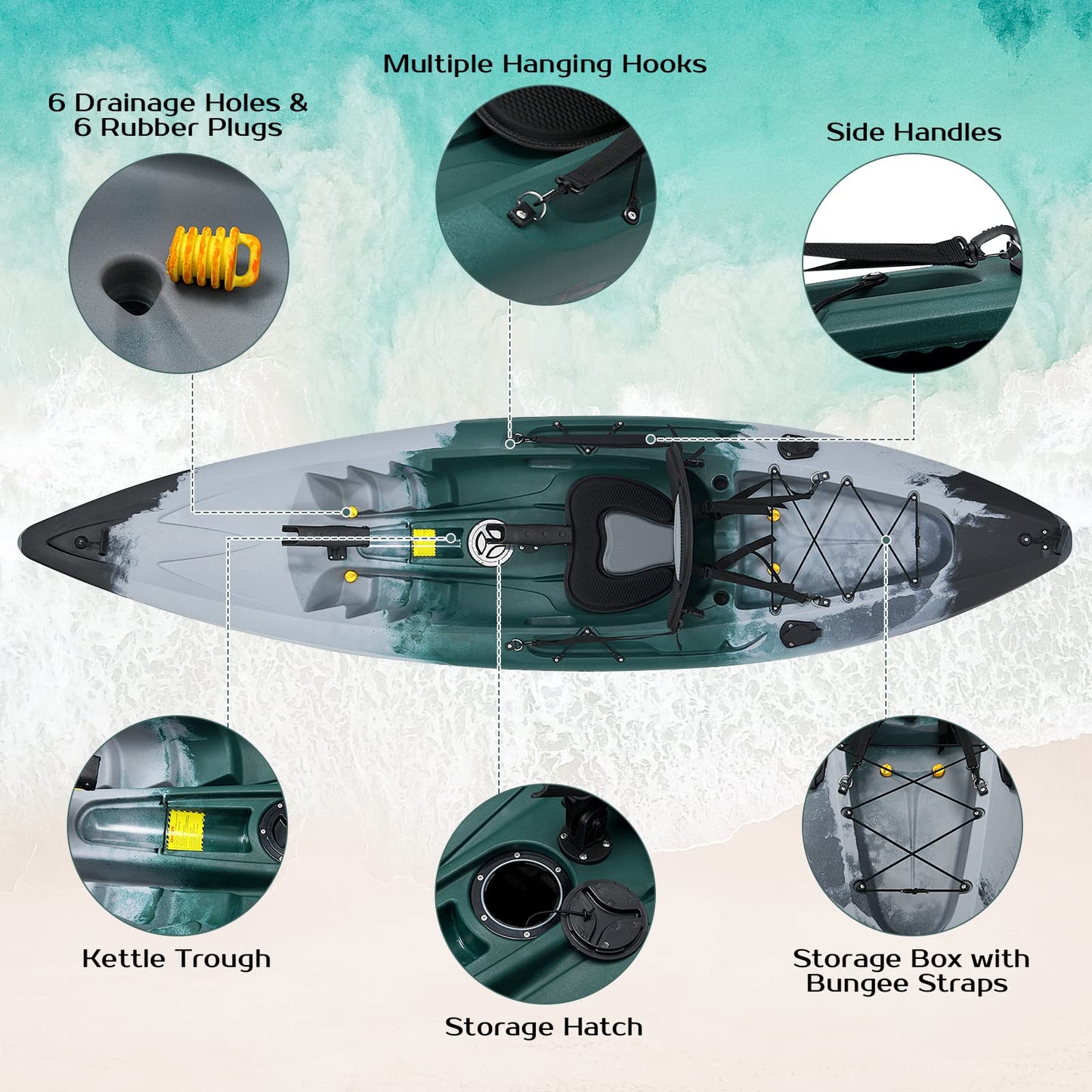 9.7FT Sit-On-Top Kayak Boat for Adults, 1-Person Fishing Kayak Raft with Aluminum Paddle & 4 Fishing Rod Holders, Portable Touring Kayak for Sea, Lake & River