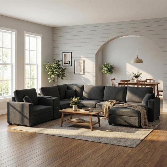 Merax Modern 134" Oversized Sectional Sofa with Piollows & Chaise Lounge, Chenille U‑Shaped Couch Set Sleeper Bed Built‑in Cup Holders, Storage Drawer for Living Room, Free Combination Black