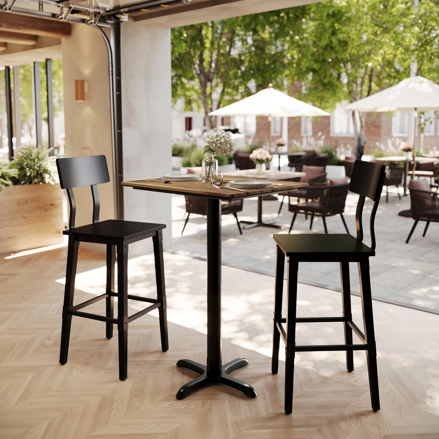 Flash Furniture TopGuard 30" x 24" Indoor Natural Tabletop with 22" x 22" Black Bar Height X Base, Seamless TopGuard HPL Top and Edge